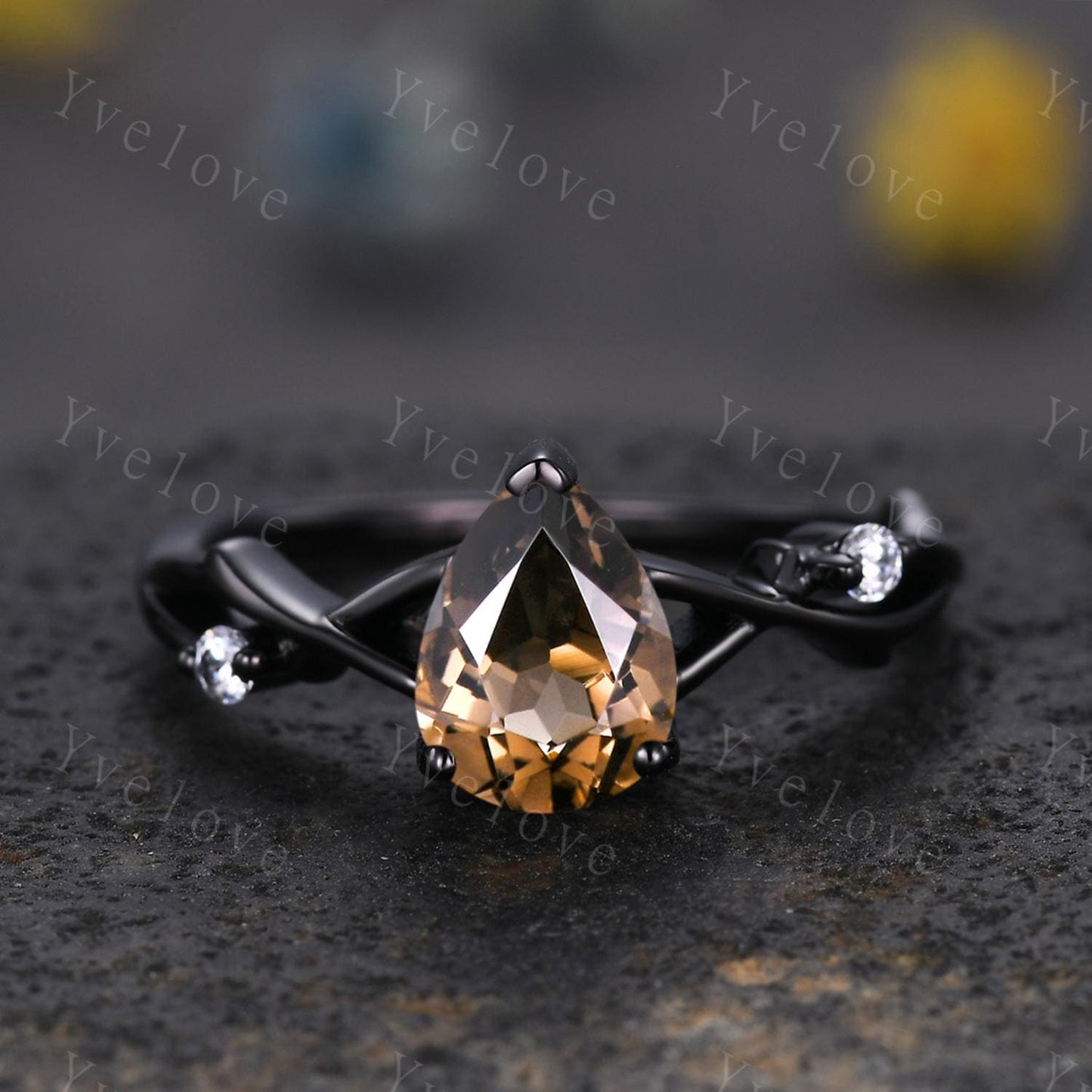 Unique Twig Teardrop Smoky Quartz Engagement Ring Set,Vintage Vine Diamond Ring,Black Gold Branch Ring,Art Deco Her Promise Ring Bridal Set
