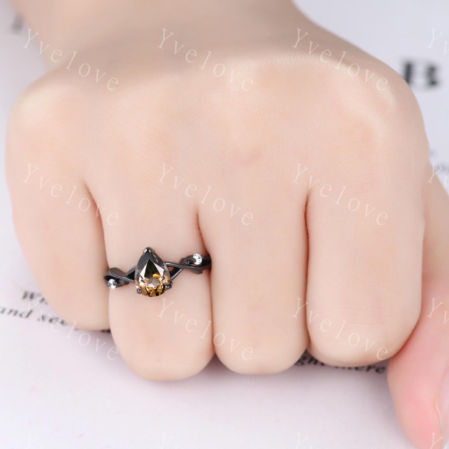Unique Twig Teardrop Smoky Quartz Engagement Ring,Vintage Vine Diamond Ring,14k Black Gold Branch Ring,Art Deco Her Promise Ring Bridal Set