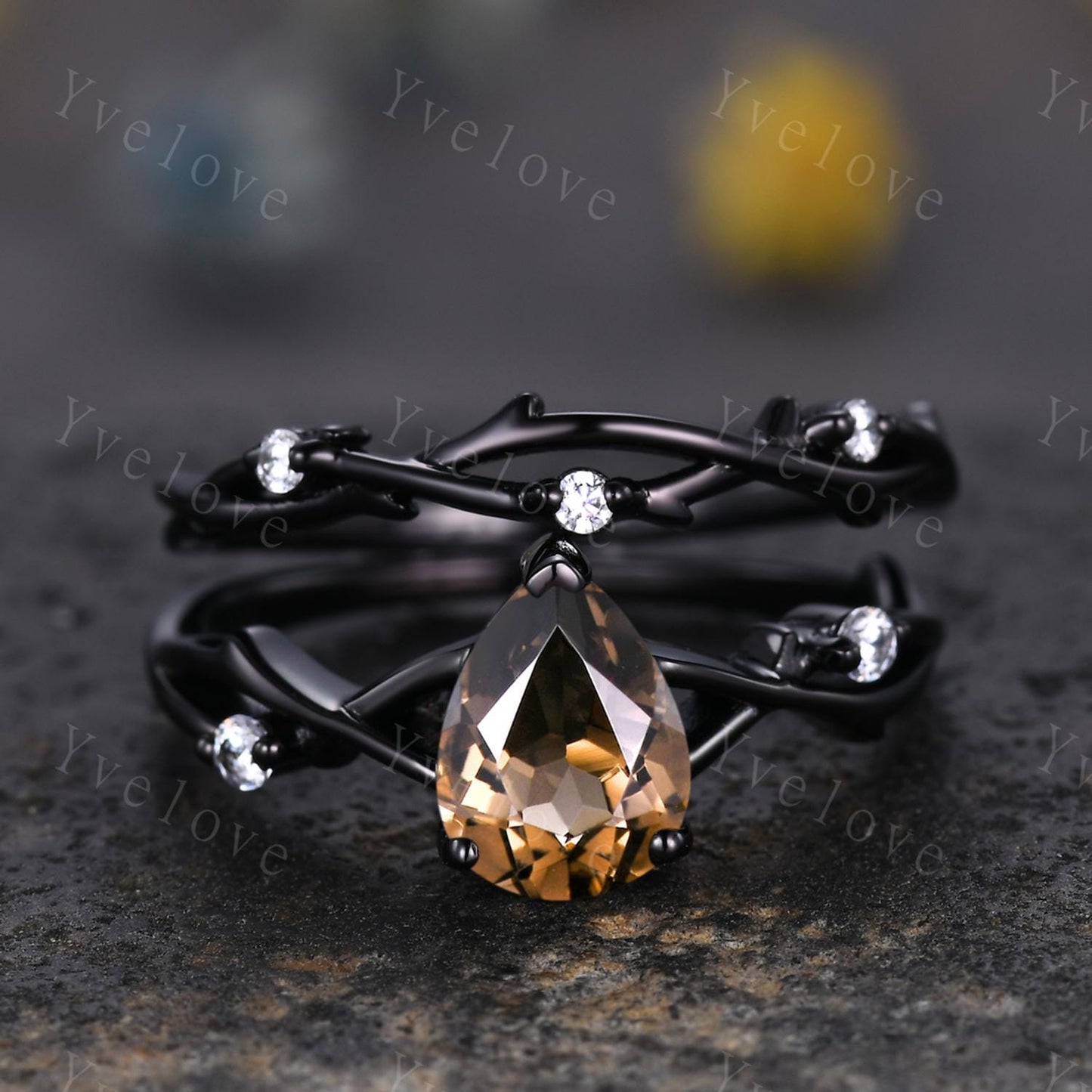 Unique Twig Teardrop Smoky Quartz Engagement Ring Set,Vintage Vine Diamond Ring,Black Gold Branch Ring,Art Deco Her Promise Ring Bridal Set