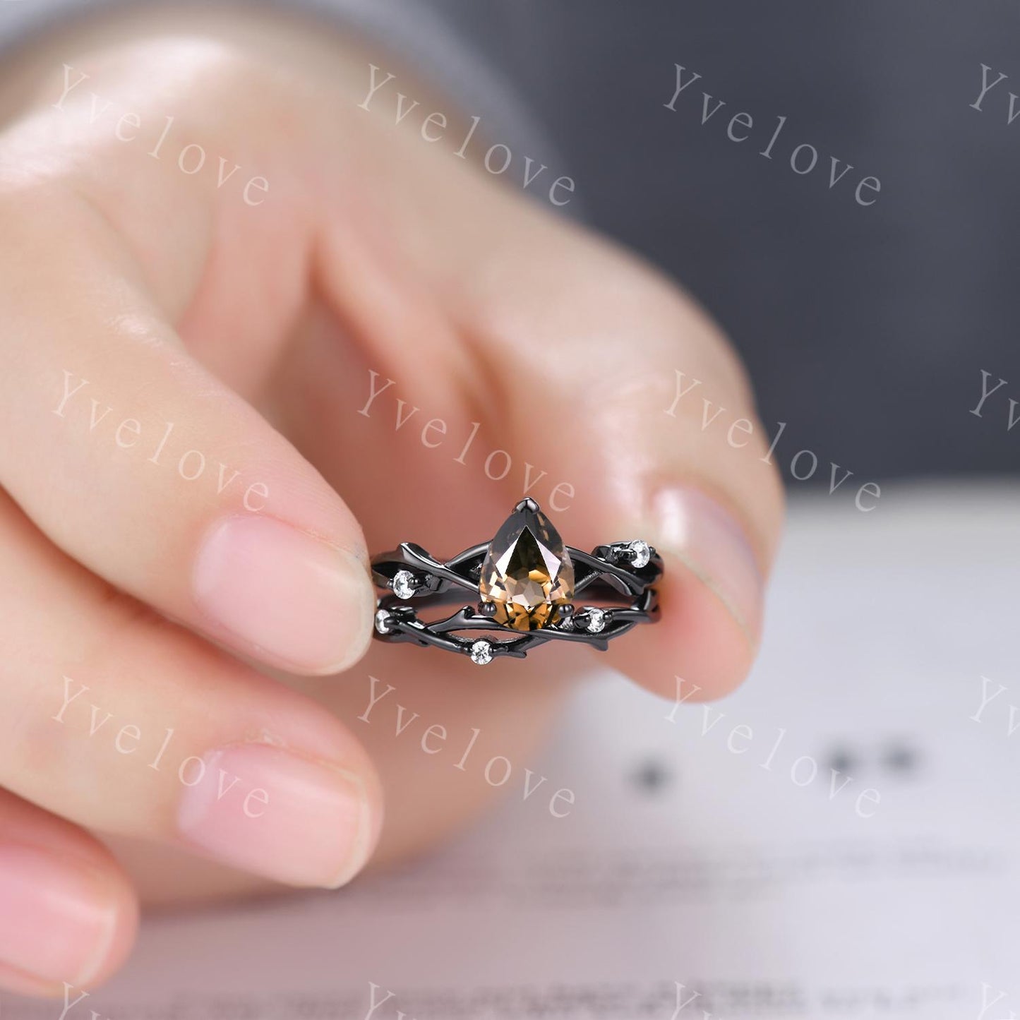 Unique Twig Teardrop Smoky Quartz Engagement Ring,Vintage Vine Diamond Ring,14k Black Gold Branch Ring,Art Deco Her Promise Ring Bridal Set