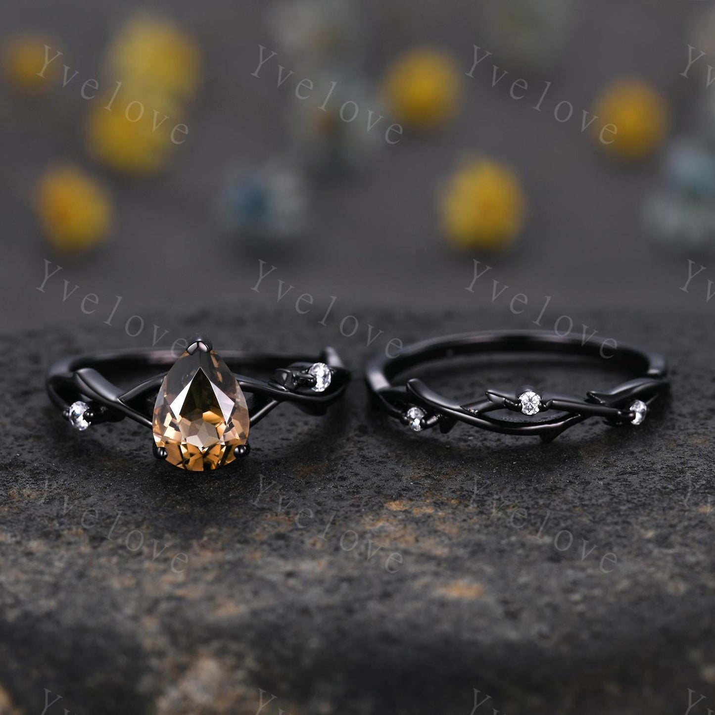 Unique Twig Teardrop Smoky Quartz Engagement Ring,Vintage Vine Diamond Ring,14k Black Gold Branch Ring,Art Deco Her Promise Ring Bridal Set