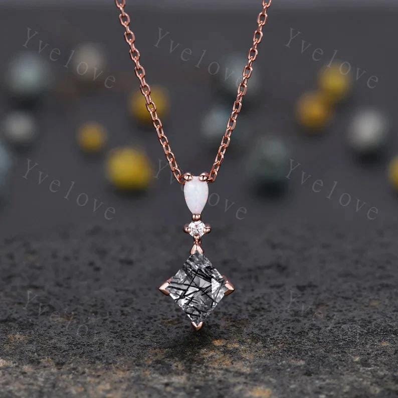 Vintage unique lozenge Black Rutilated Quartz necklace 14k rose gold opal diamond personalized pendant for women anniversary gift for her