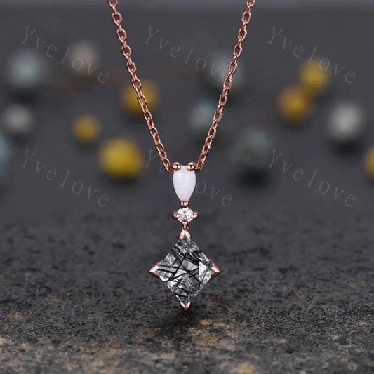 Vintage unique lozenge Black Rutilated Quartz necklace 14k rose gold opal diamond personalized pendant for women anniversary gift for her