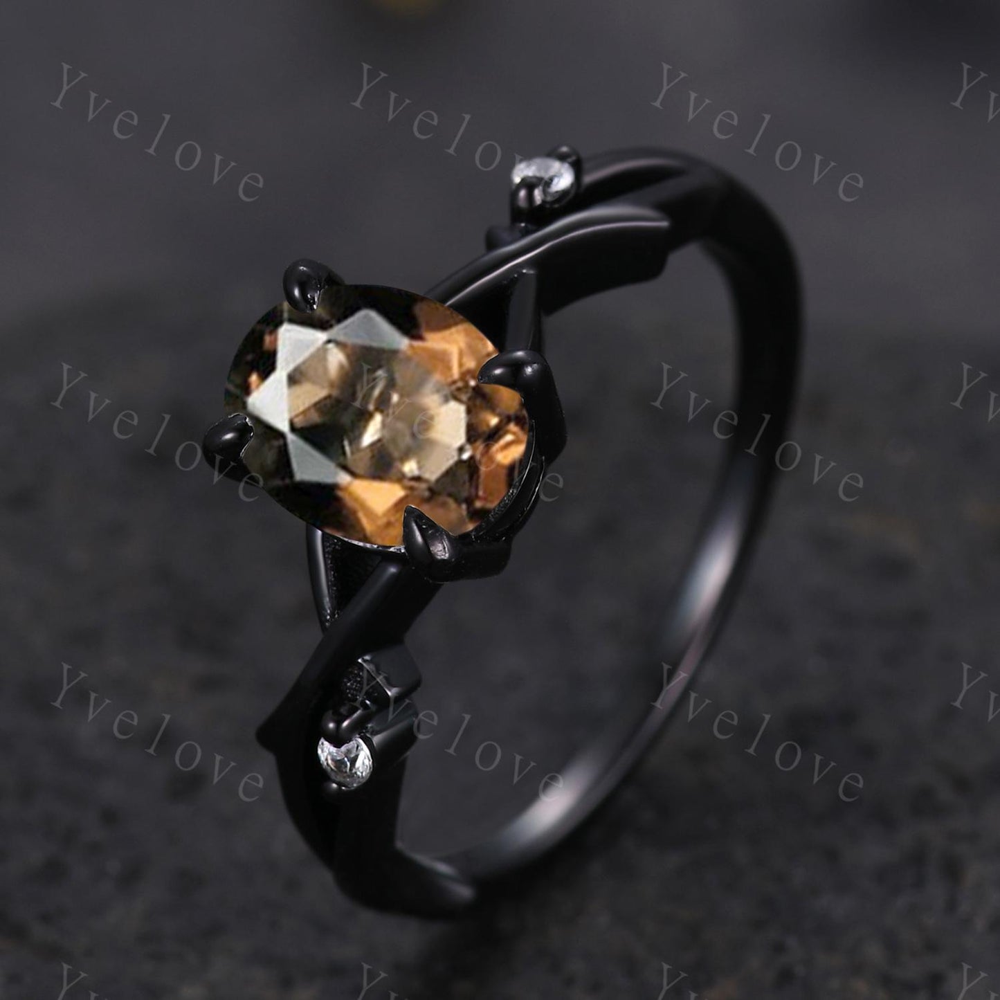 Unique Twig Oval Smoky Quartz Engagement Ring,Vintage Vine Diamond Ring,Black Gold Branch Ring,Art Deco Women Promise Anniversary Ring Gift