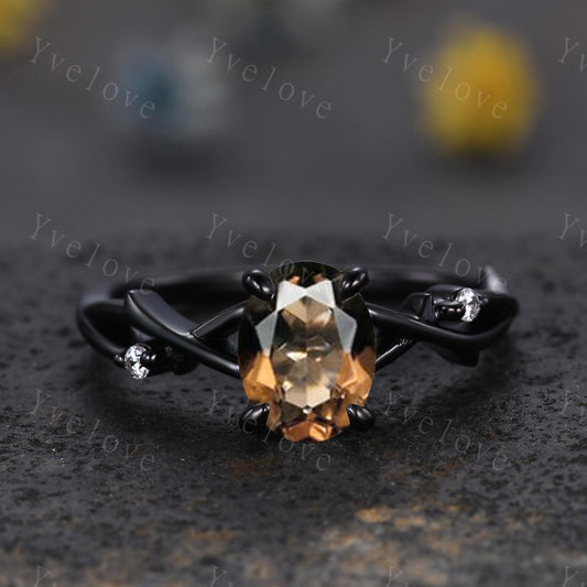 Unique Twig Oval Smoky Quartz Engagement Ring,Vintage Vine Diamond Ring,Black Gold Branch Ring,Art Deco Women Promise Anniversary Ring Gift