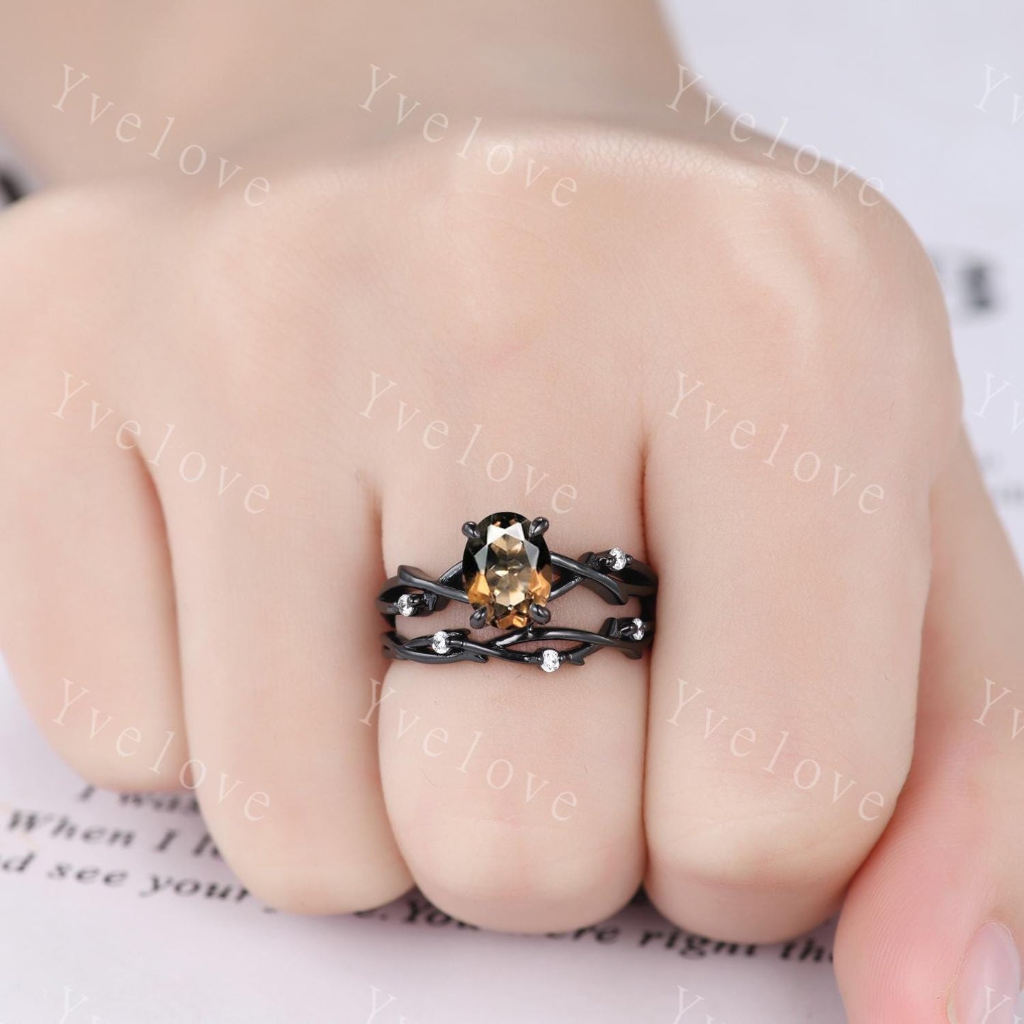 Unique Twig Oval Smoky Quartz Engagement Ring,Vintage Vine Diamond Ring,Black Gold Branch Ring,Art Deco Women Promise Anniversary Ring Gift