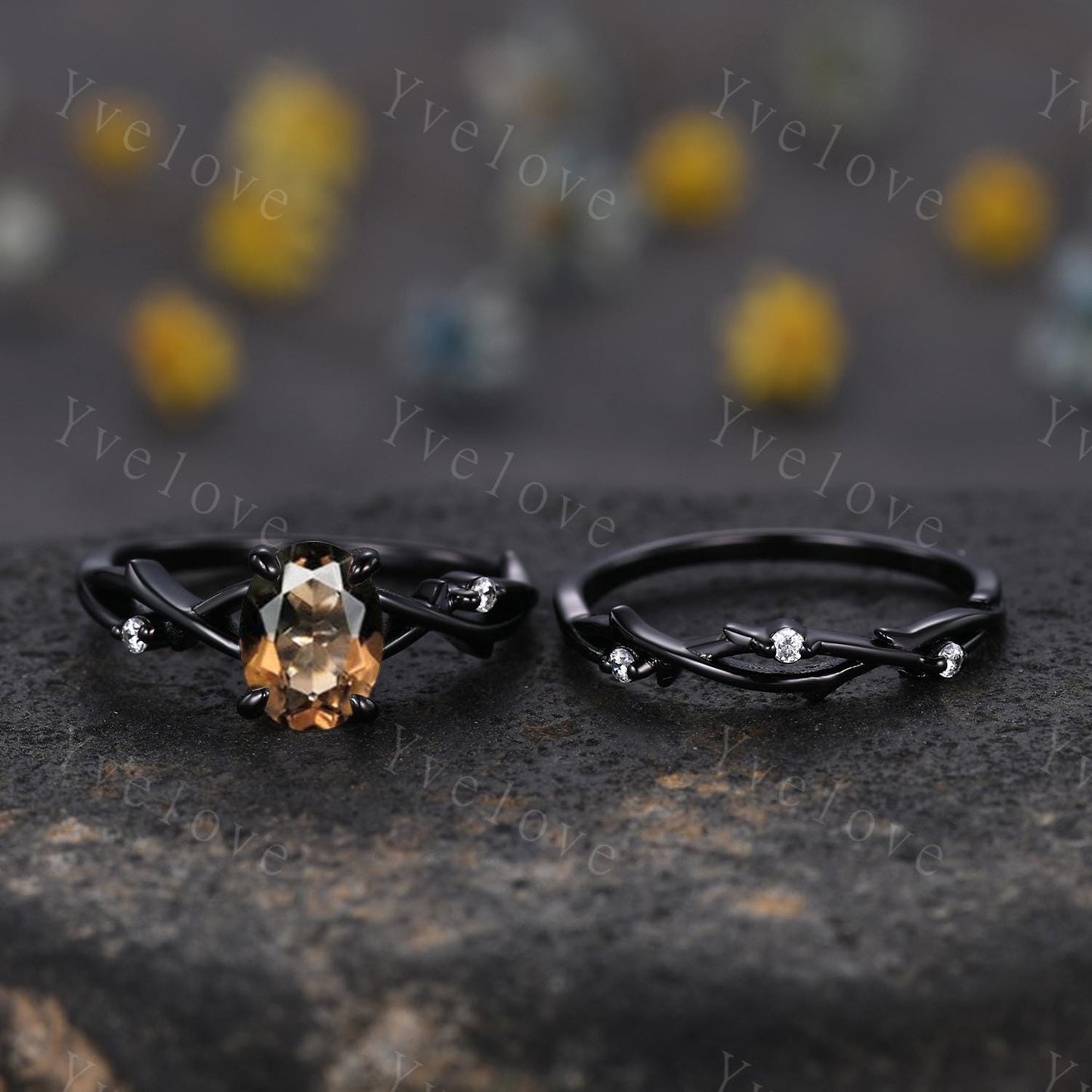Unique Twig Oval Smoky Quartz Engagement Ring,Vintage Vine Diamond Ring,Black Gold Branch Ring,Art Deco Women Promise Anniversary Ring Gift