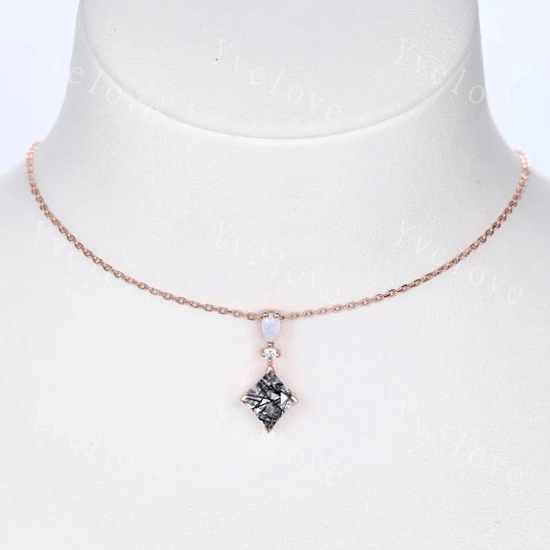 Vintage unique lozenge Black Rutilated Quartz necklace 14k rose gold opal diamond personalized pendant for women anniversary gift for her