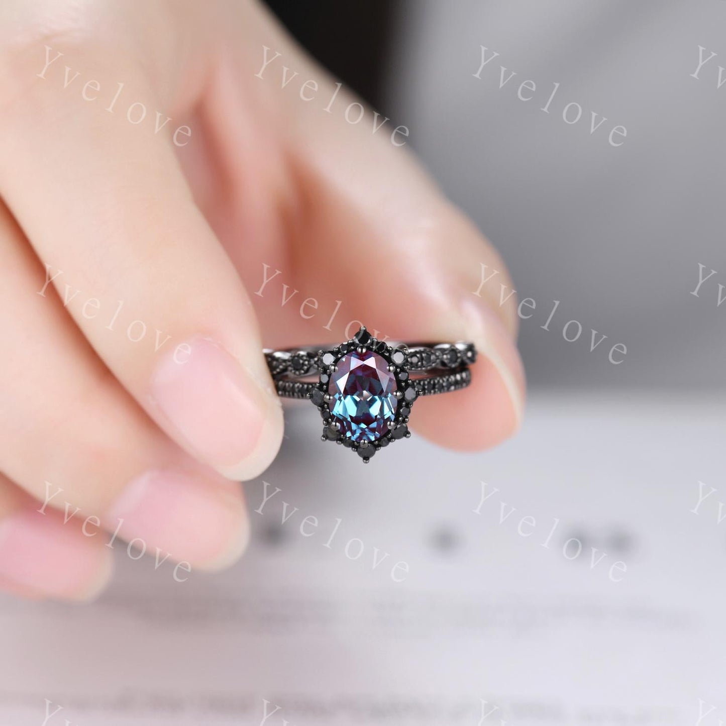 Gothic Oval Shape Alexandrite Engagement Ring Set,Black Gold Black Diamond Promise Ring Set Unique Rhodium Black Witchy Ring Bridal Set Gift