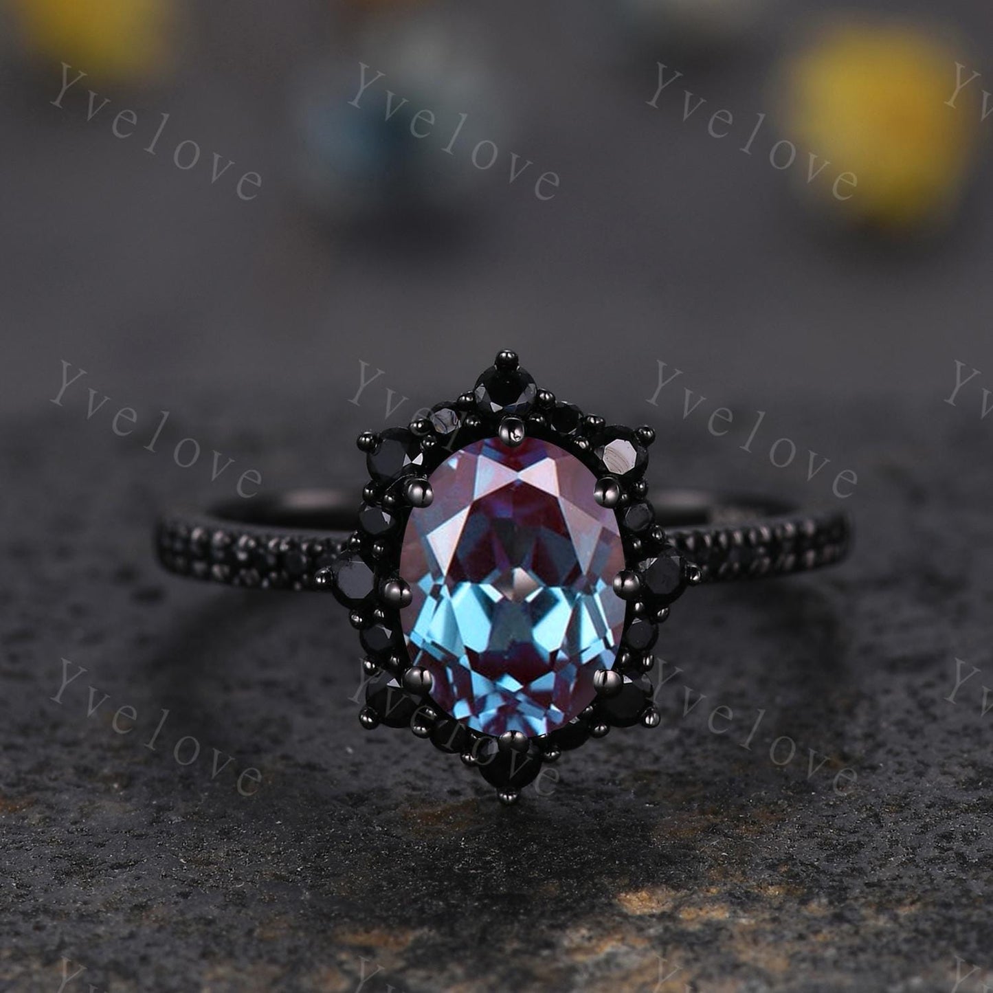 Gothic Oval Shape Alexandrite Engagement Ring Set,Black Gold Black Diamond Promise Ring Set Unique Rhodium Black Witchy Ring Bridal Set Gift