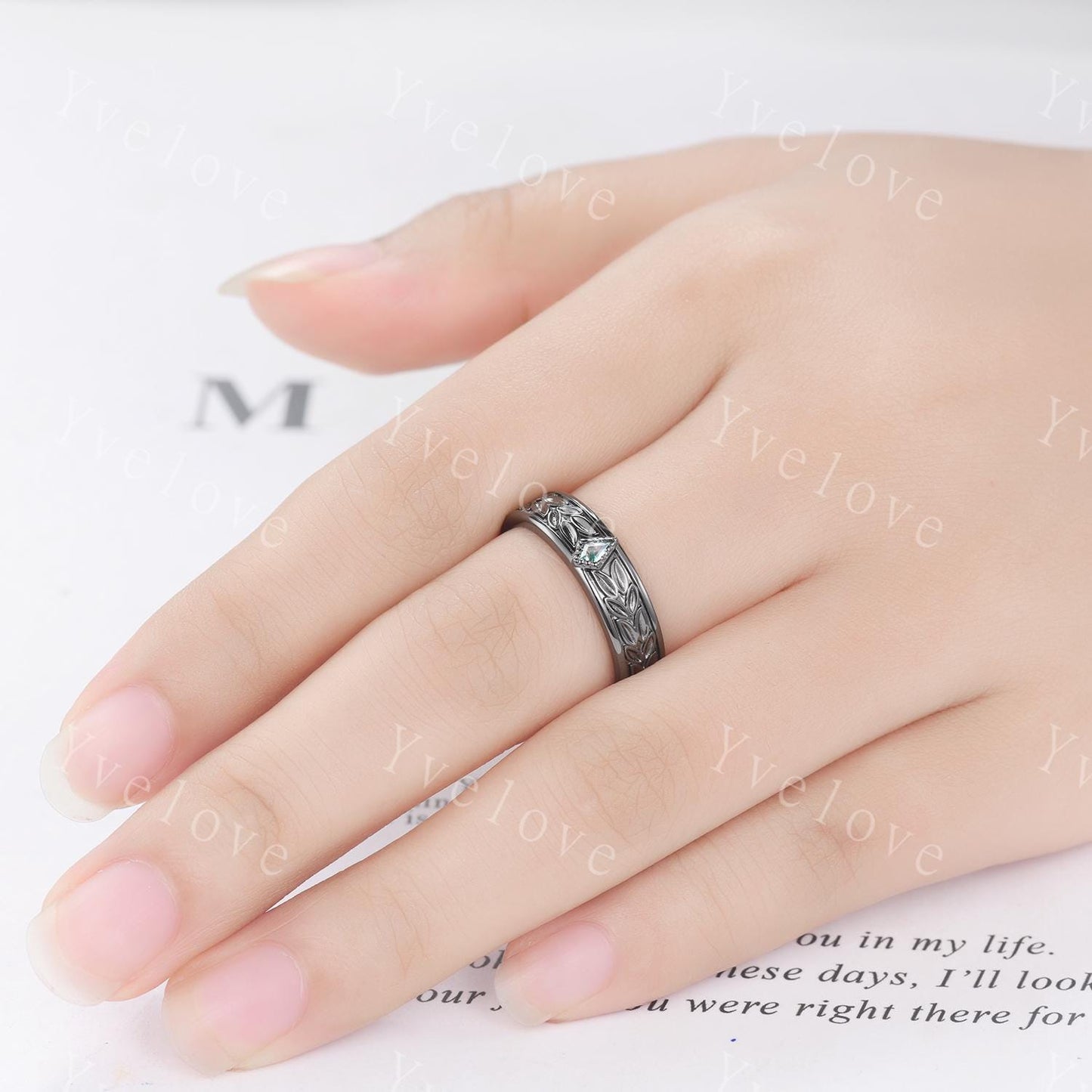 3/4 Eternity Kite Moss Agate Leaf Wedding Band Unisex Silver Ring Nature Inspired Branch Promise Bridal Ring Custom Jewelry Rings For Men