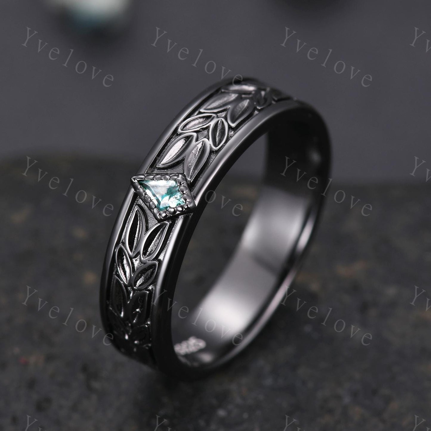 3/4 Eternity Kite Moss Agate Leaf Wedding Band Unisex Silver Ring Nature Inspired Branch Promise Bridal Ring Custom Jewelry Rings For Men