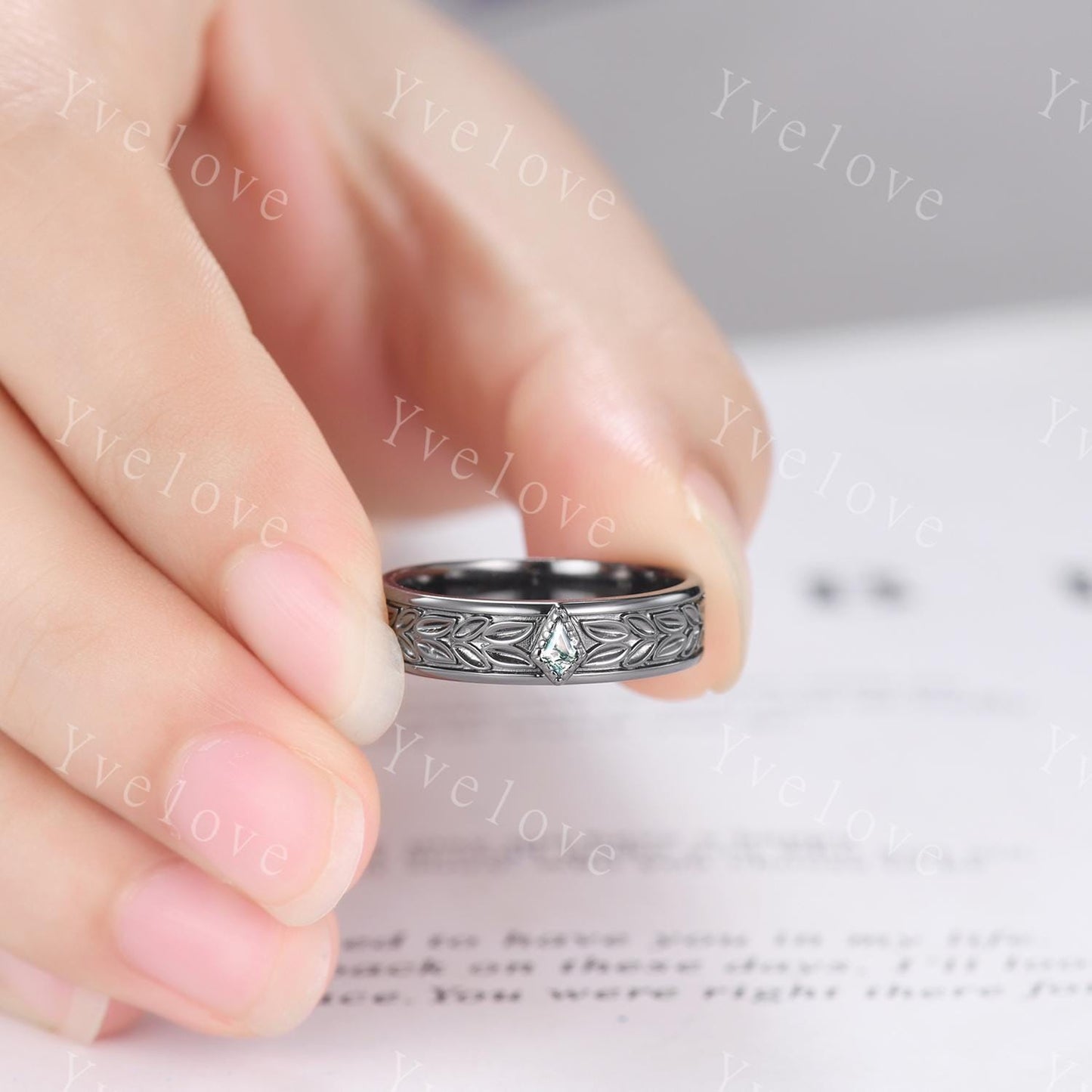 3/4 Eternity Kite Moss Agate Leaf Wedding Band Unisex Silver Ring Nature Inspired Branch Promise Bridal Ring Custom Jewelry Rings For Men