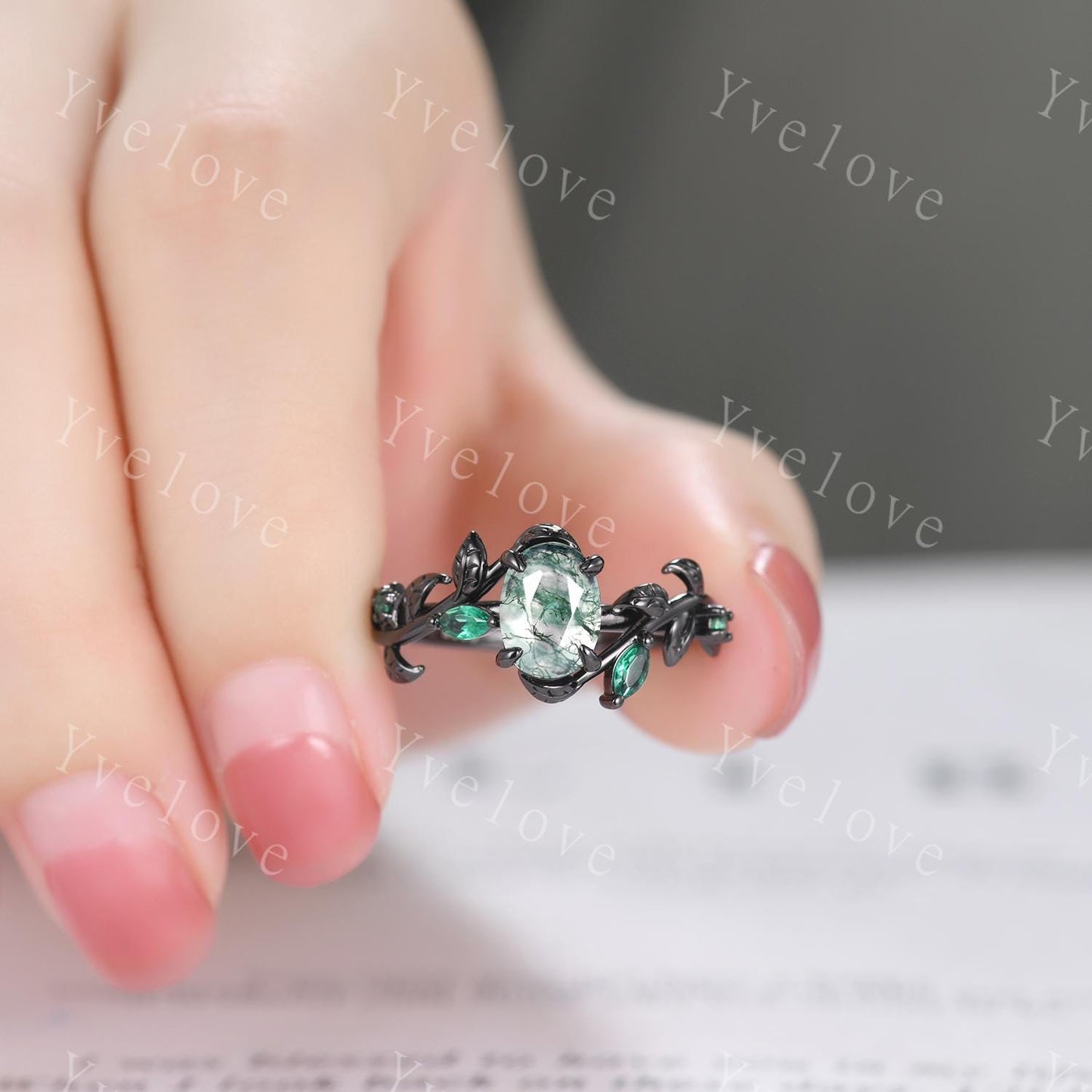Gothic Oval Shape Moss Agate Engagement Ring Set,Black Gold Leaf Green Emerald Promise Ring Unique Black Rhodium Moon Ring Bridal Set Gift