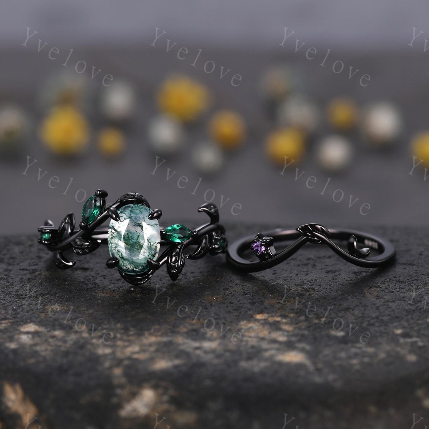 Gothic Oval Shape Moss Agate Engagement Ring Set,Black Gold Leaf Green Emerald Promise Ring Unique Black Rhodium Moon Ring Bridal Set Gift