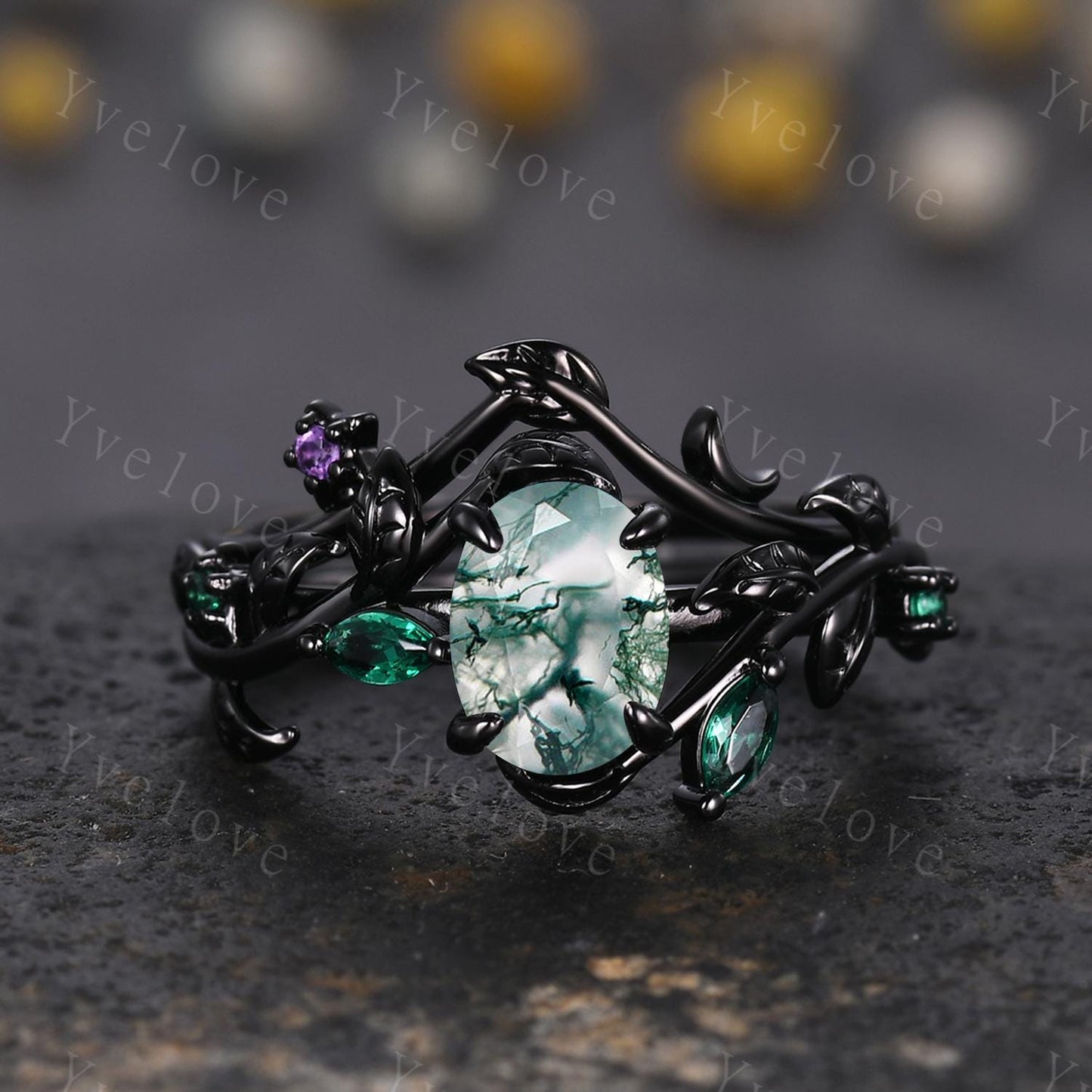 Gothic Oval Shape Moss Agate Engagement Ring Set,Black Gold Leaf Green Emerald Promise Ring Unique Black Rhodium Moon Ring Bridal Set Gift