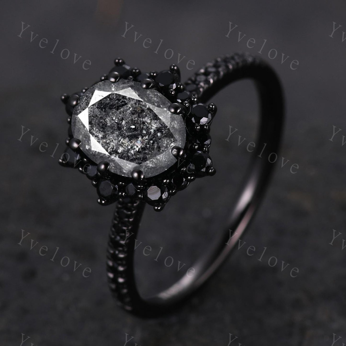 Gothic Oval Shape Salt and Pepper Diamond Engagement Ring Set,Black Gold Diamond Promise Ring Unique Rhodium Black Witchy Ring Bridal Gift
