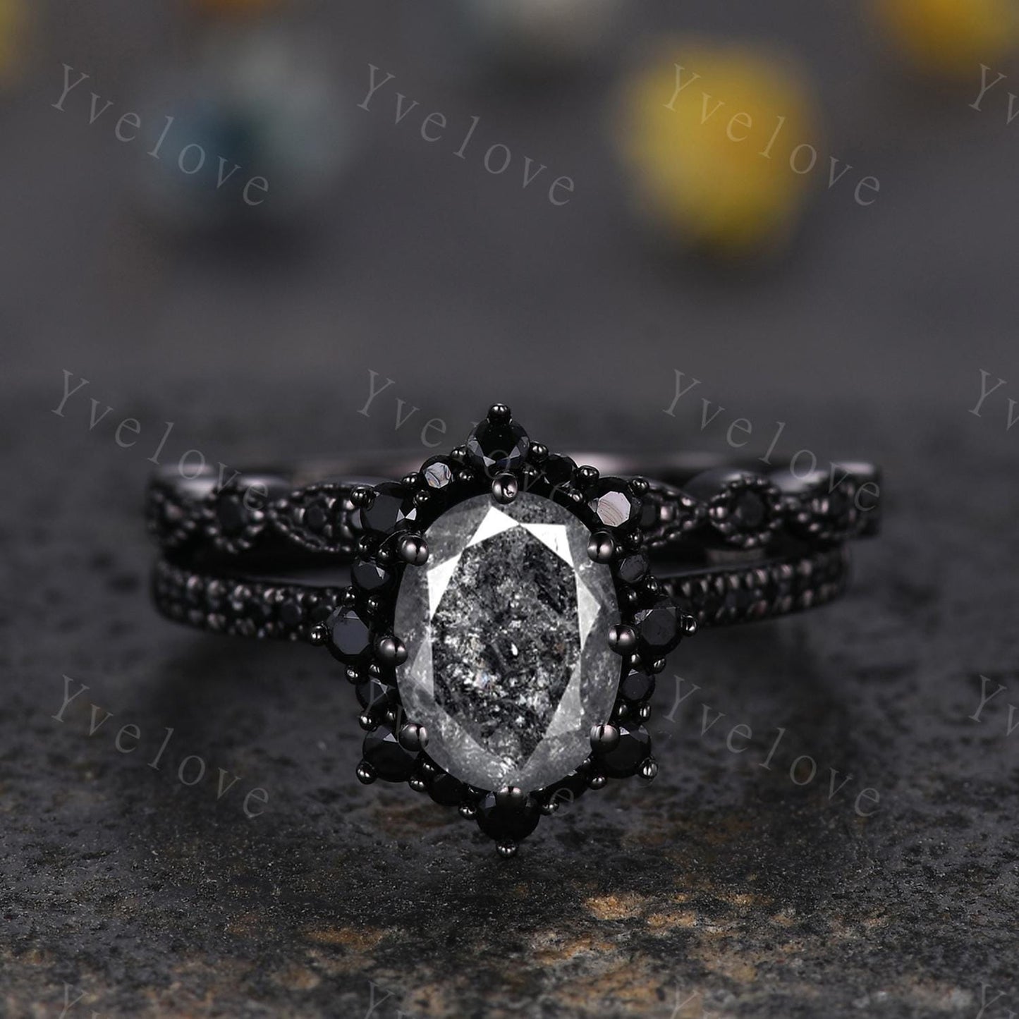 Gothic Oval Shape Salt and Pepper Diamond Engagement Ring,14k Black Gold Diamond Promise Ring Unique Rhodium Black Witchy Ring Bridal Gift