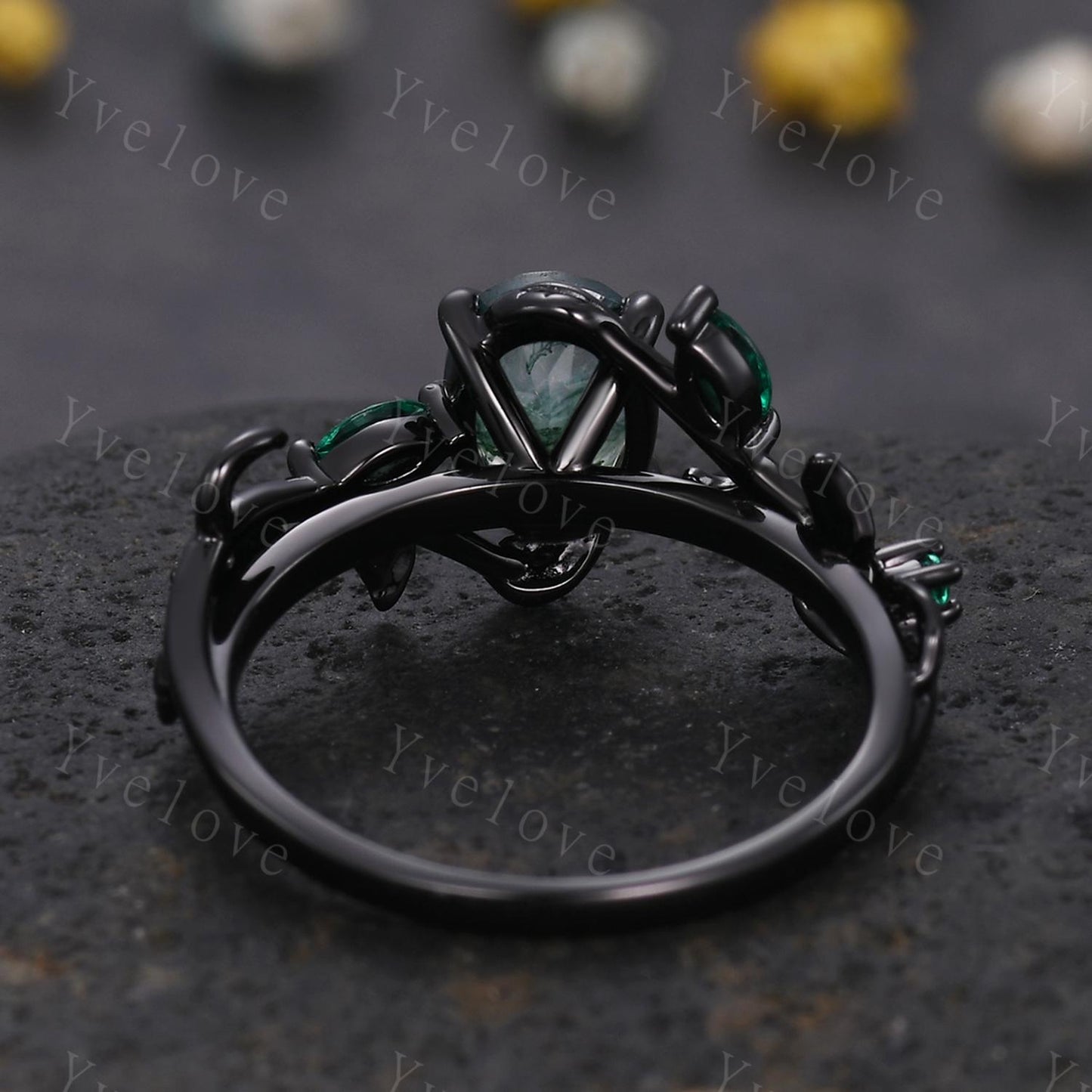 Gothic Oval Cut Moss Agate Engagement Ring,14K Black Gold Leaf Green Emerald Promise Ring Unique Black Rhodium Ring Cluster Bridal Ring Gift