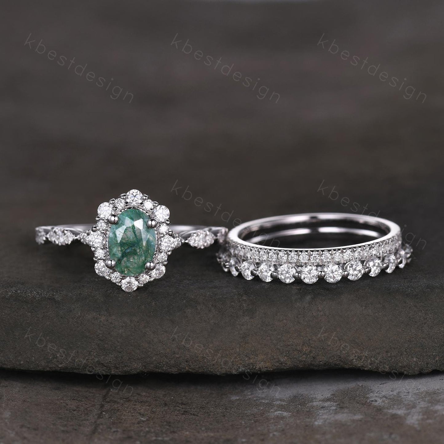 Vintage oval moss agate engagement ring set sterling silver 2mm half eternity moissanite band unique art deco bridal wedding ring set