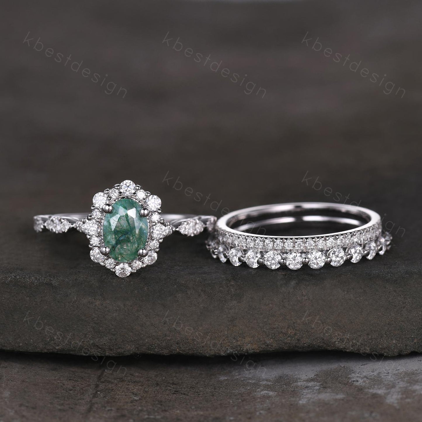 Vintage oval moss agate engagement ring set sterling silver 2mm half eternity moissanite band unique art deco bridal wedding ring set