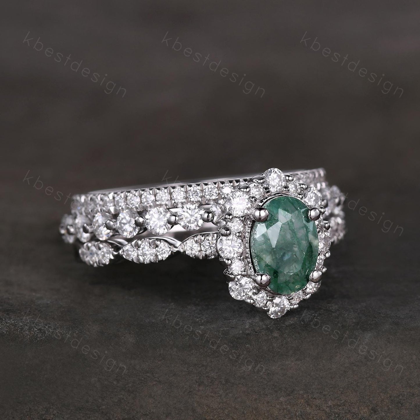Vintage oval moss agate engagement ring set sterling silver 2mm half eternity moissanite band unique art deco bridal wedding ring set