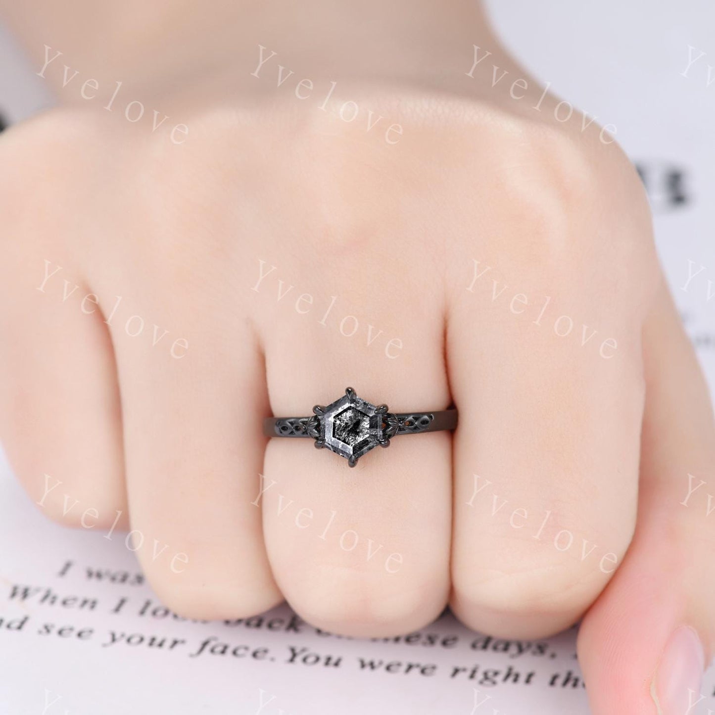 Vintage Salt Pepper Diamond Engagement Ring,14k 18k Black Gold Ring,Hexagon Cut Bridal Ring,Art Deco Gray Diamond Matching Band Promise Gift
