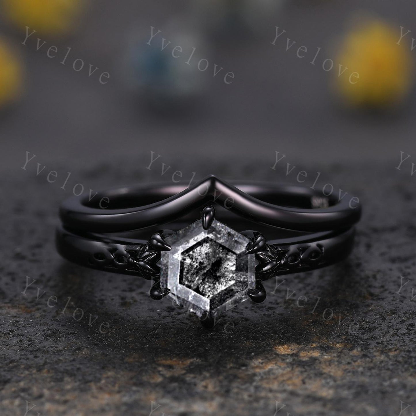 Vintage Salt Pepper Diamond Engagement Ring Set,18k Black Gold Ring,Hexagon Cut Bridal Ring,Art Deco Gray Diamond Matching Band Promise Gift