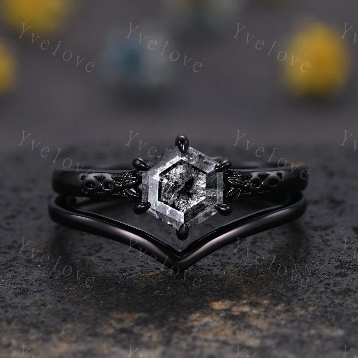 Vintage Salt Pepper Diamond Engagement Ring Set,18k Black Gold Ring,Hexagon Cut Bridal Ring,Art Deco Gray Diamond Matching Band Promise Gift