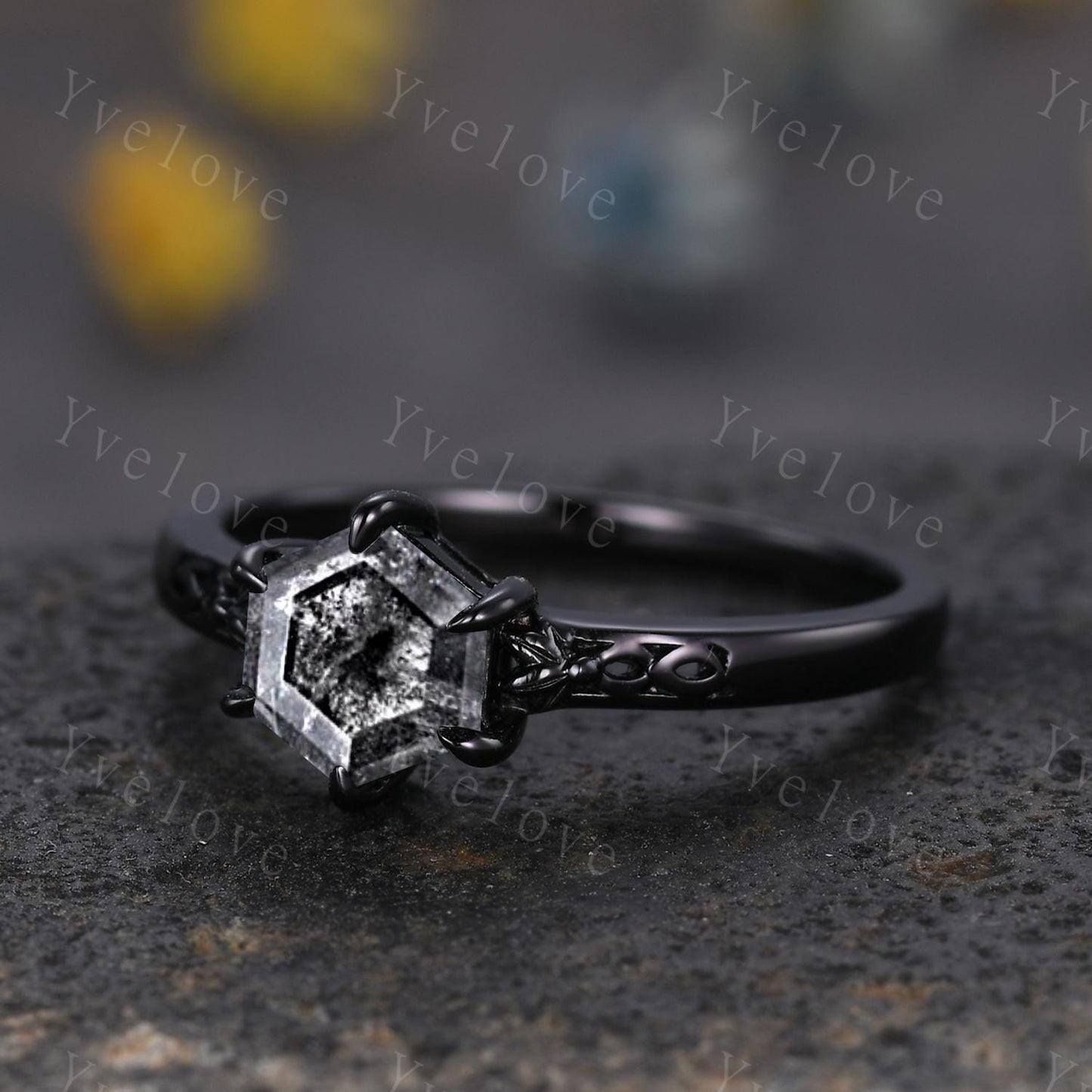 Vintage Salt Pepper Diamond Engagement Ring,14k 18k Black Gold Ring,Hexagon Cut Bridal Ring,Art Deco Gray Diamond Matching Band Promise Gift
