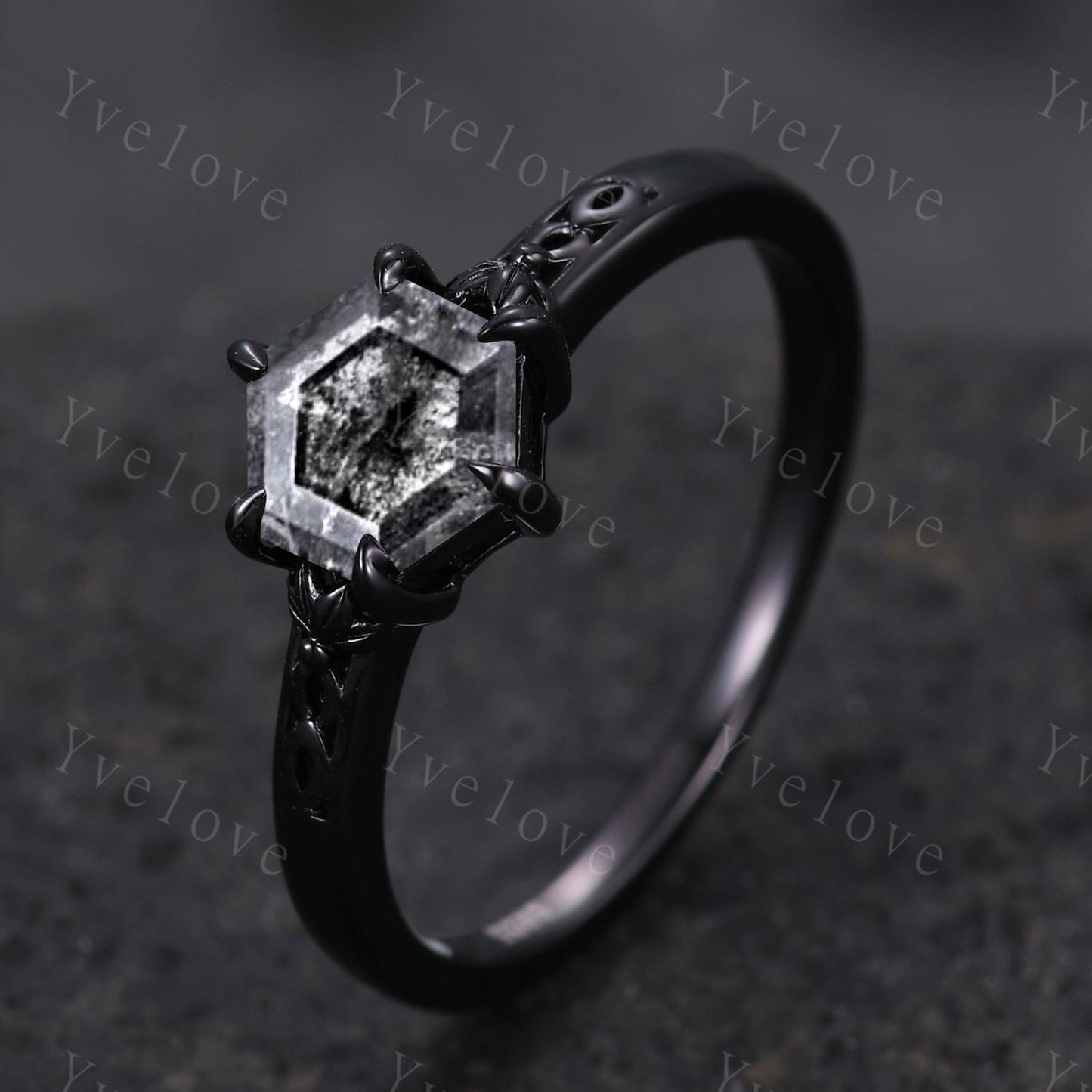 Vintage Salt Pepper Diamond Engagement Ring,14k 18k Black Gold Ring,Hexagon Cut Bridal Ring,Art Deco Gray Diamond Matching Band Promise Gift