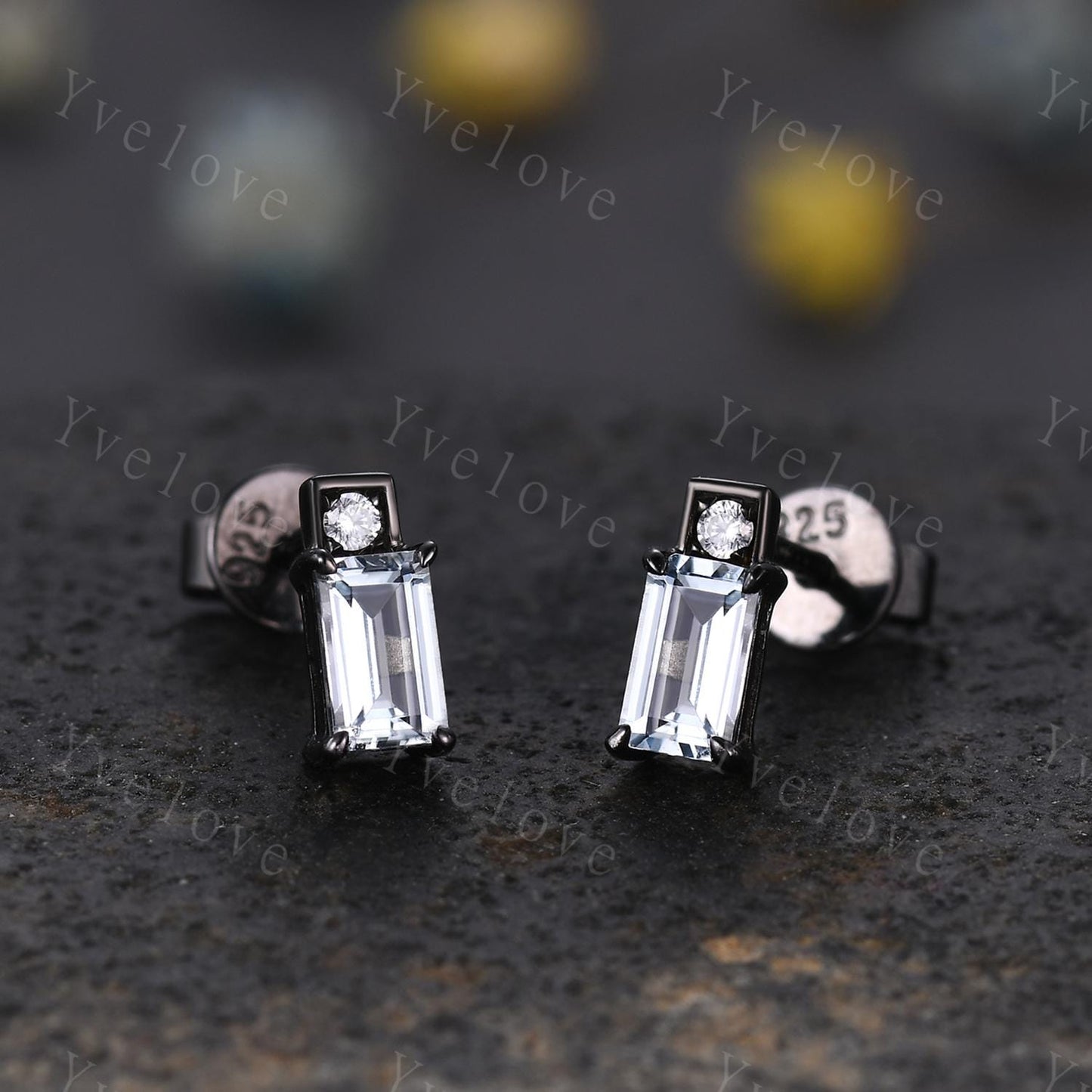 Tiny Baguette Aquamarine Moissanite Earrings,Dainty Black Gold Earring,Bar-type Stud,Ear lobe Perfect Piercing Earring Bridal Gift For Her