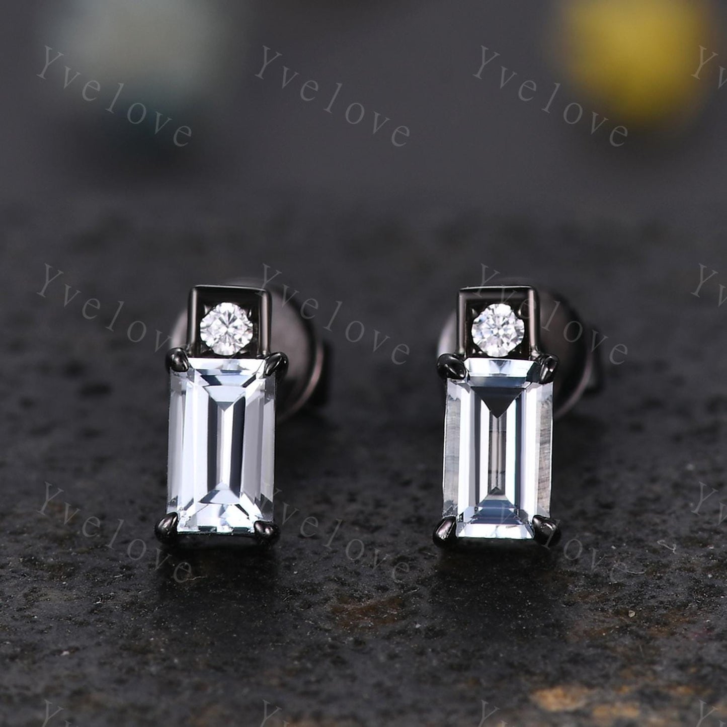 Tiny Baguette Aquamarine Moissanite Earrings,Dainty Cartilage earring,Bar-type Stud,Ear lobe Perfect Second Piercing Earring Bridesmaid Gift