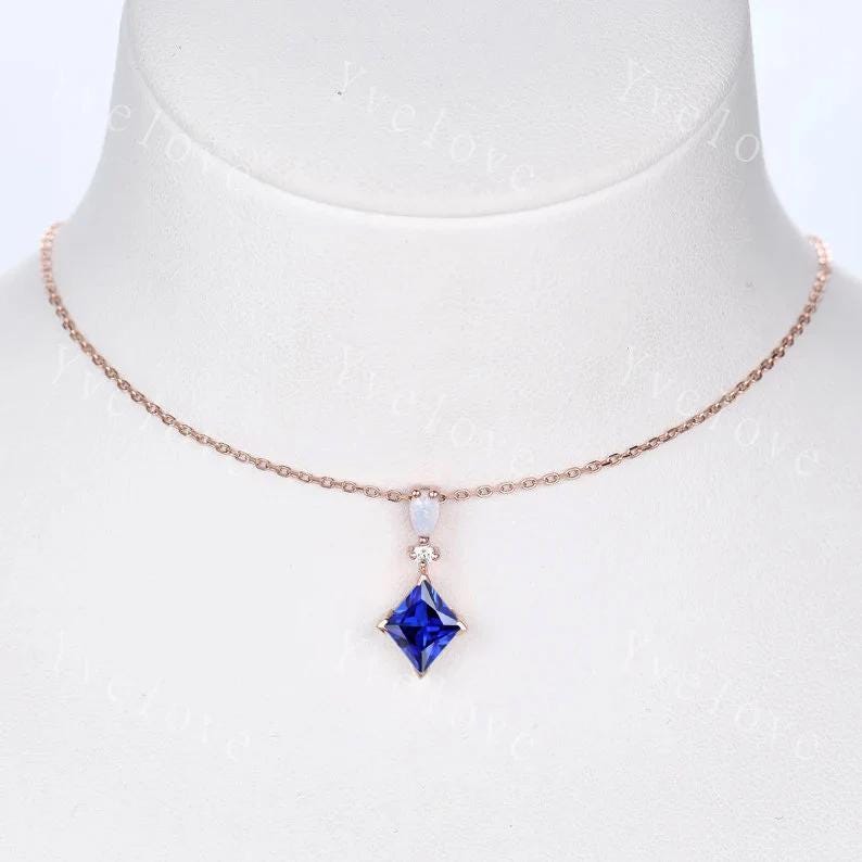 Vintage unique lozenge blue sapphire necklace 18k rose gold opal diamond personalized pendant for women promise necklace birthday gift