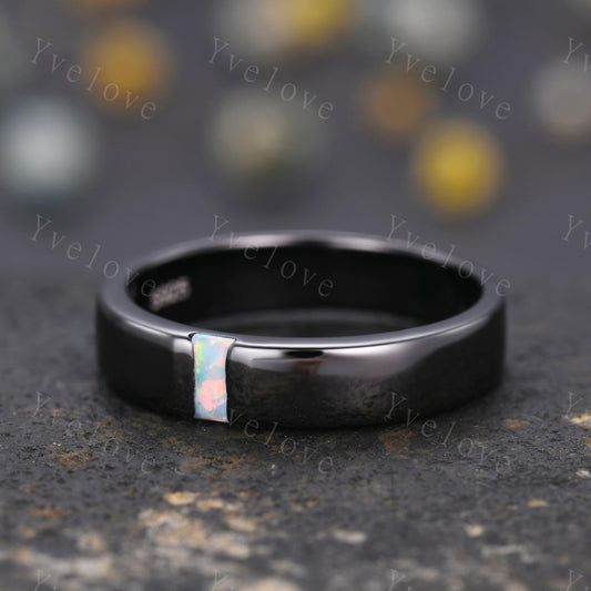 Mens White Opal Wedding Band Baguette Cut Opal Plain Band 5mm Black Gold Ring Mens Solitaire Stacking Matching Band Retro Vintage Ring Gift