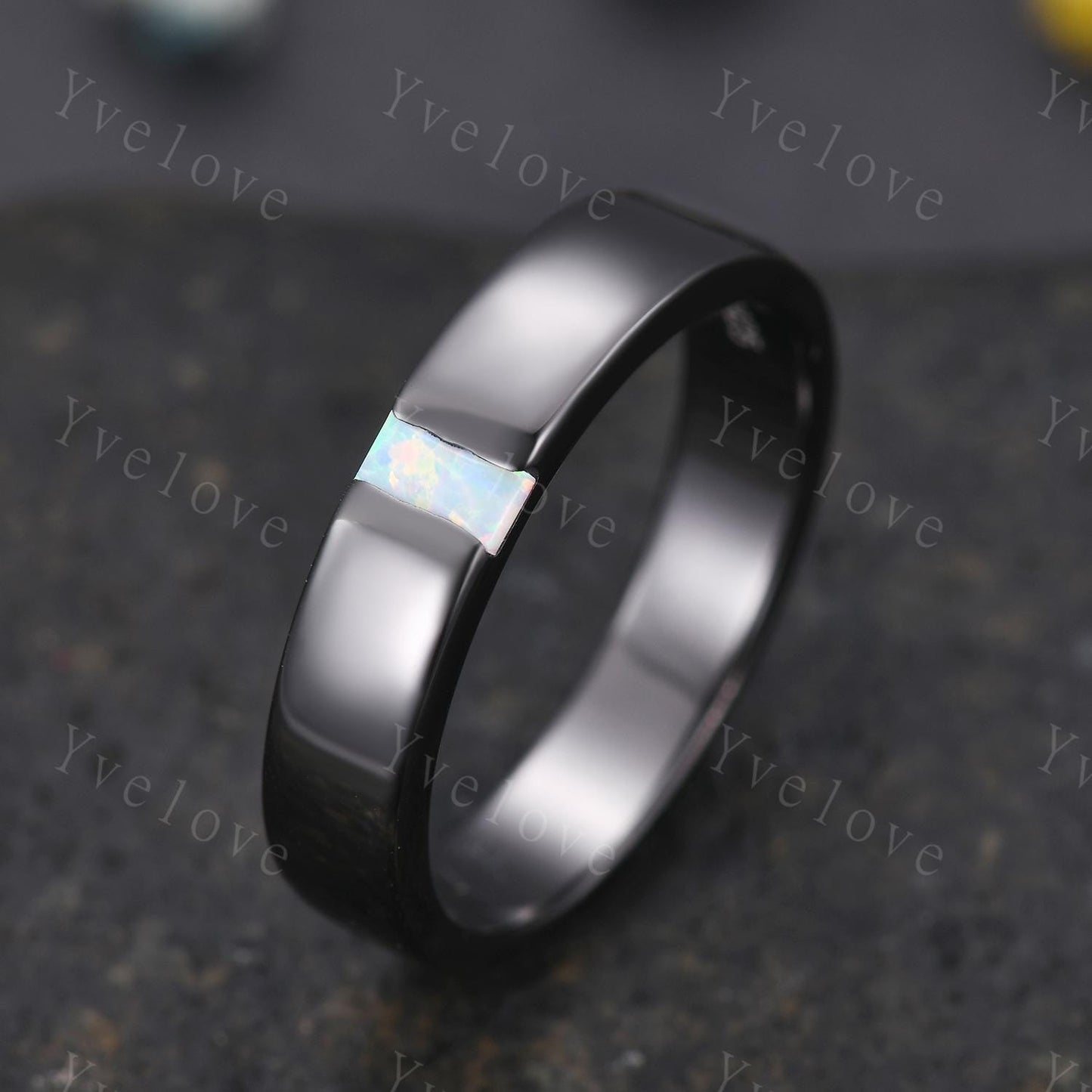 Mens White Opal Wedding Band Baguette Cut Opal Plain Band 5mm Black Gold Ring Mens Solitaire Stacking Matching Band Retro Vintage Ring Gift