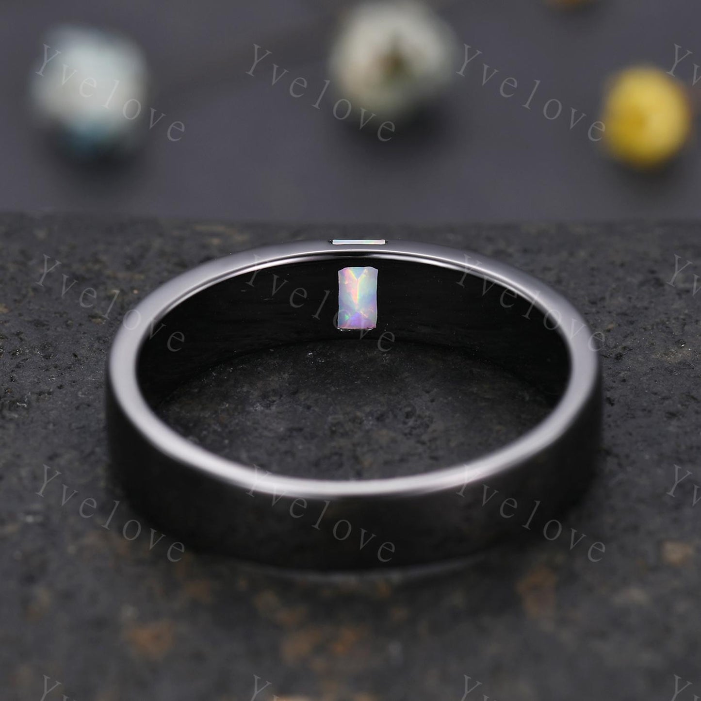 Mens White Opal Wedding Band Baguette Cut Opal Plain Band 5mm Black Gold Ring Mens Solitaire Stacking Matching Band Retro Vintage Ring Gift