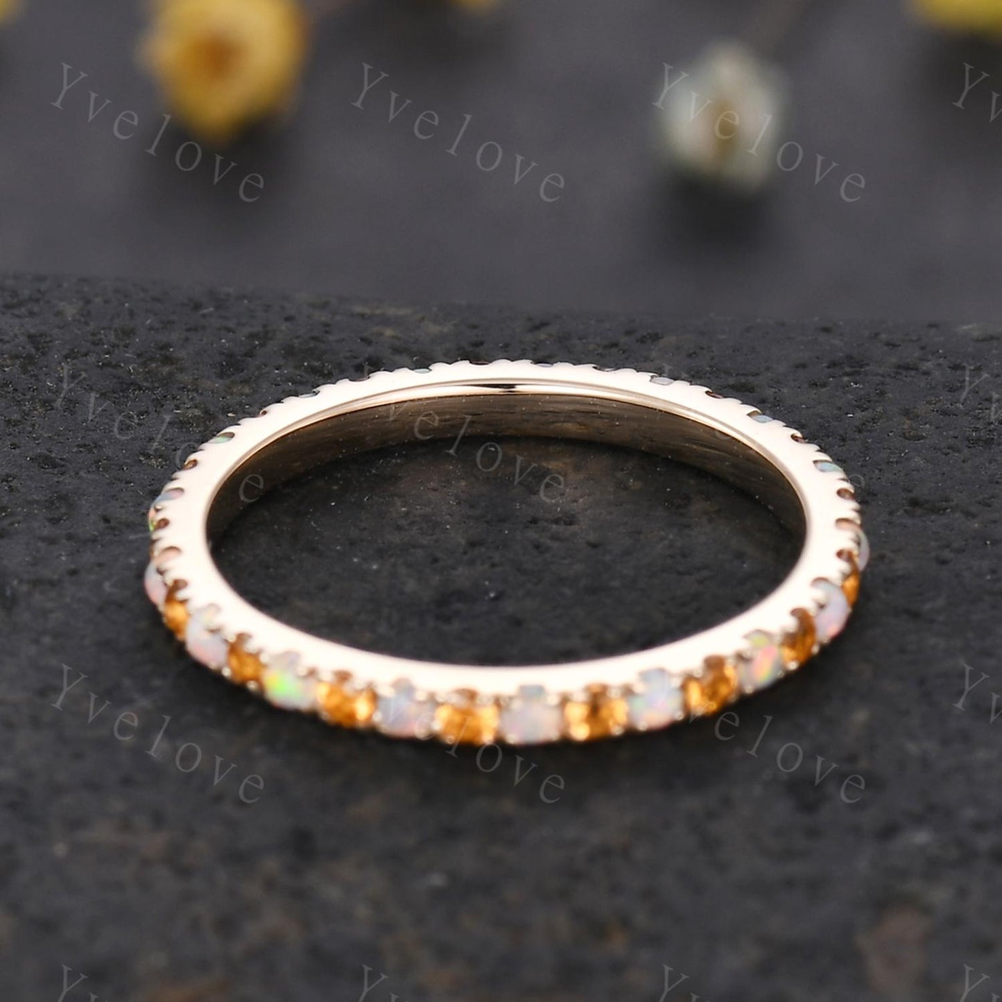 Opal Citrine Wedding Ring,Opal Wedding Band,Eternity Band,Gold Ring,October Birthstone,Matching Band,Stack Ring Anniversary Gift for Her