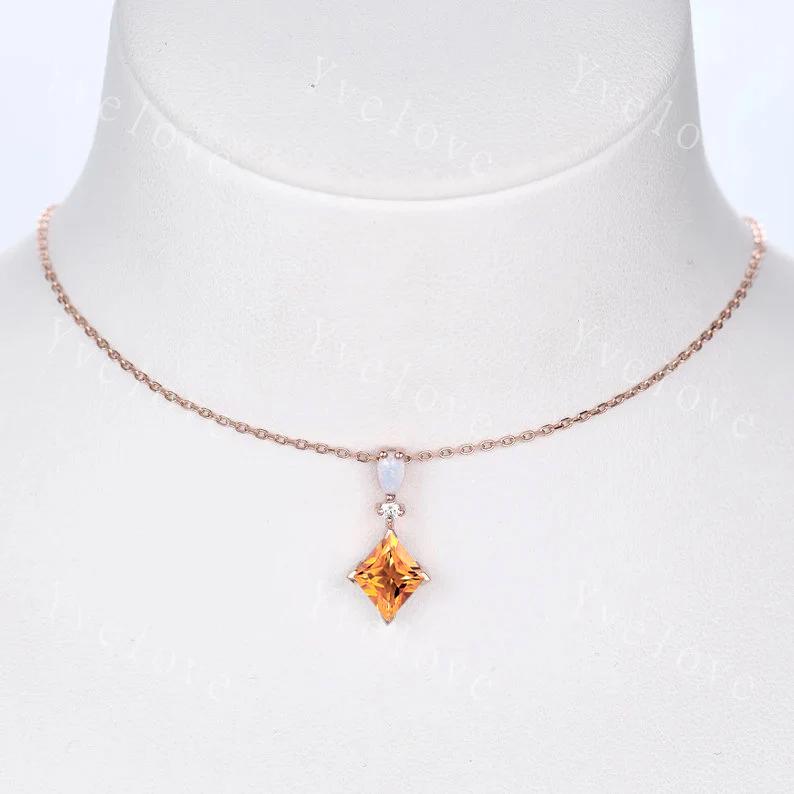 Vintage unique lozenge yellow citrine necklace 14k rose gold opal diamond personalized pendant for women promise necklace birthday gift
