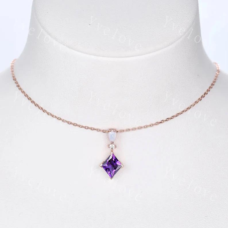 Vintage unique lozenge amethyst necklace 14k rose gold opal diamond personalized pendant for women promise necklace promise anniversary gift