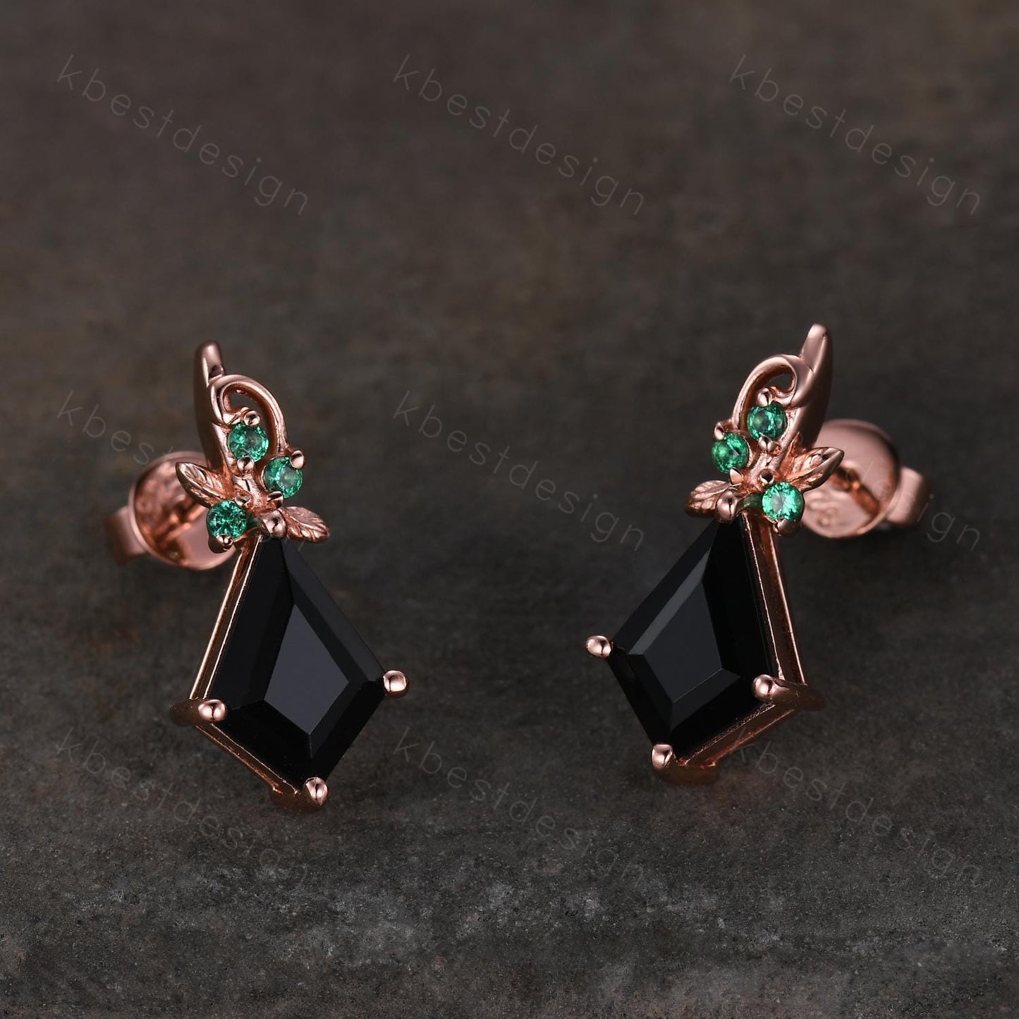 Kite cut black onyx earrings women rose gold earring studs nature inspired earrings art deco emerald studs birthday/anniversary gift for her