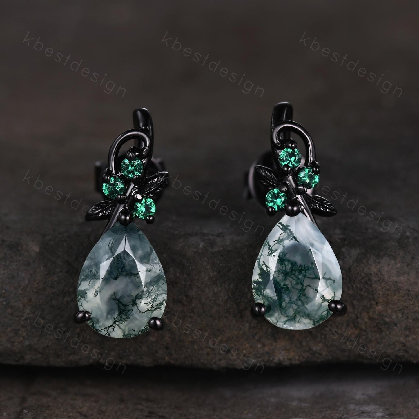 Nature inspired moss agate earrings women black gold earring studs teardrop earrings art deco green agate studs anniversary gift for her