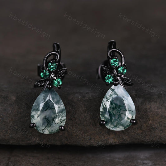 Nature inspired moss agate earrings women black gold earring studs teardrop earrings art deco green agate studs anniversary gift for her