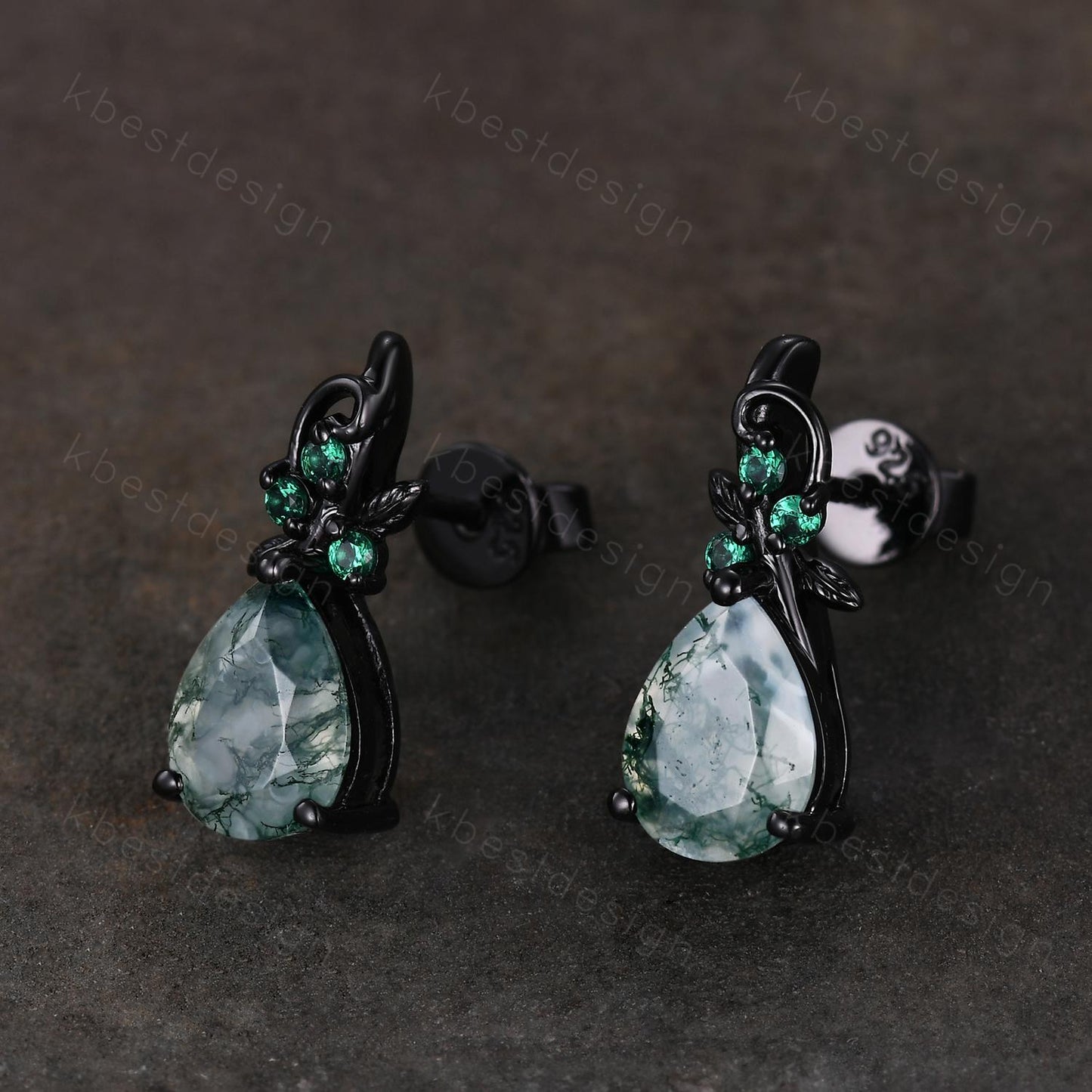 Nature inspired moss agate earrings women black gold earring studs teardrop earrings art deco green agate studs anniversary gift for her