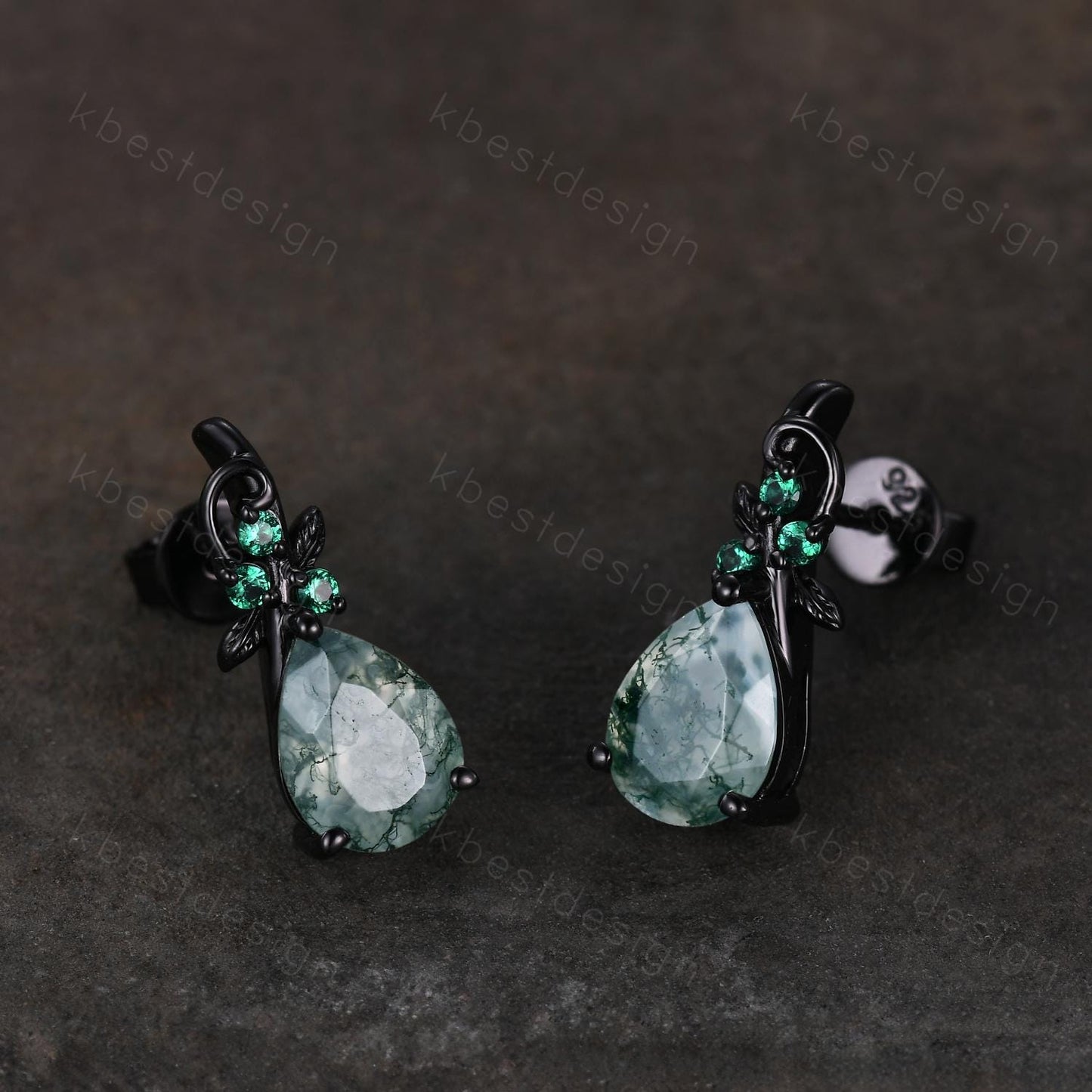 Nature inspired moss agate earrings women black gold earring studs teardrop earrings art deco green agate studs anniversary gift for her