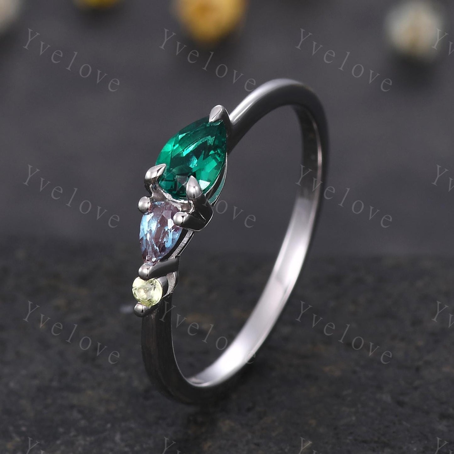 Vintage Emerald Alexandrite Engagement Ring,Pear Cut Gems,Art Deco Black Opal Peridot Wedding Band,3 Stone Unique Women Bridal Promise Ring