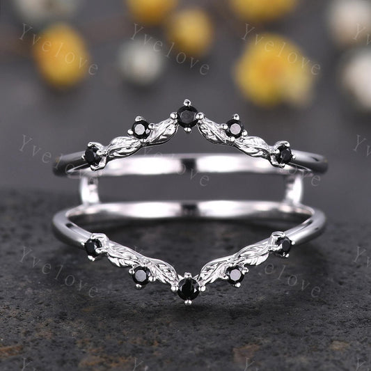 Retro Black Spinel Engagement Ring,Twig Leaf Matching Band,Women Vine Band,Gothic V Curved Branch Enhancer Band,925 Silver Wedding Band Gift