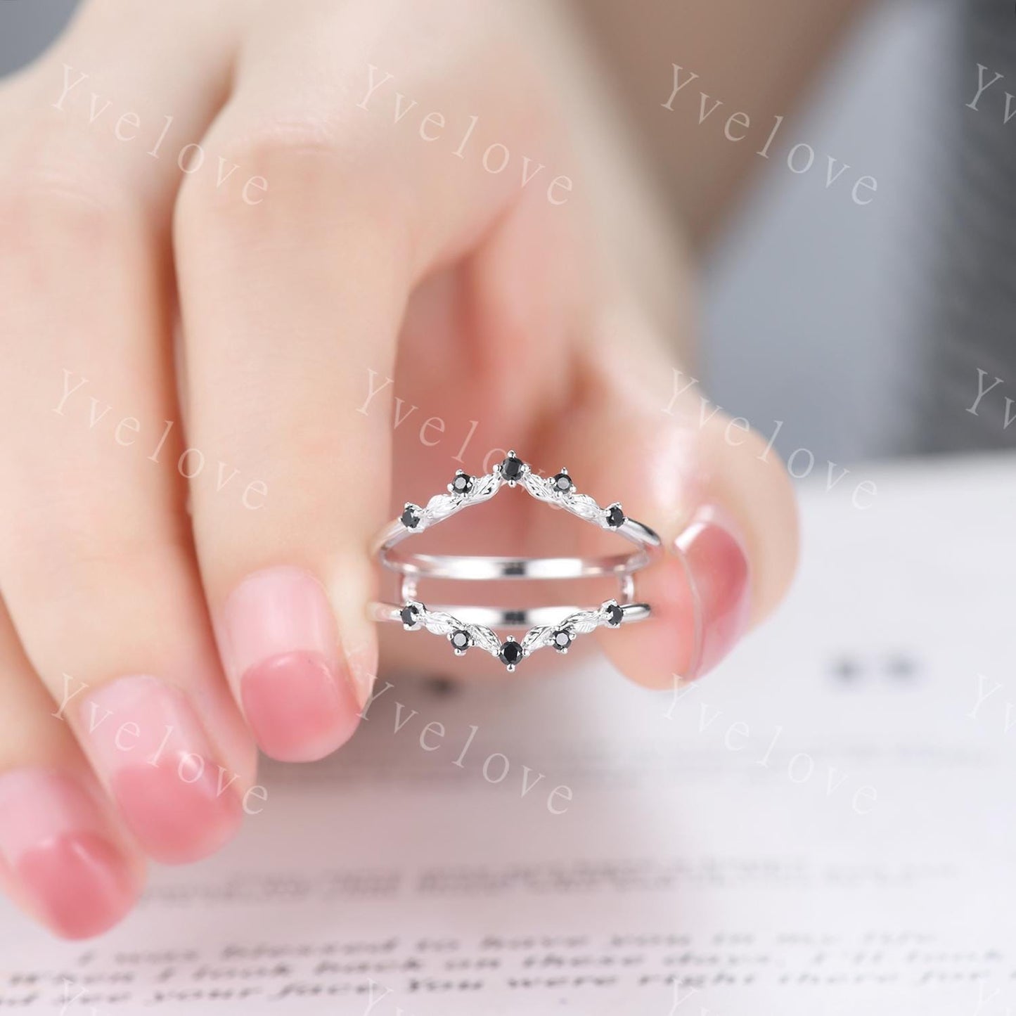 Retro Black Spinel Engagement Ring,Twig Leaf Matching Band,Women Vine Band,Gothic V Curved Branch Enhancer Band,925 Silver Wedding Band Gift
