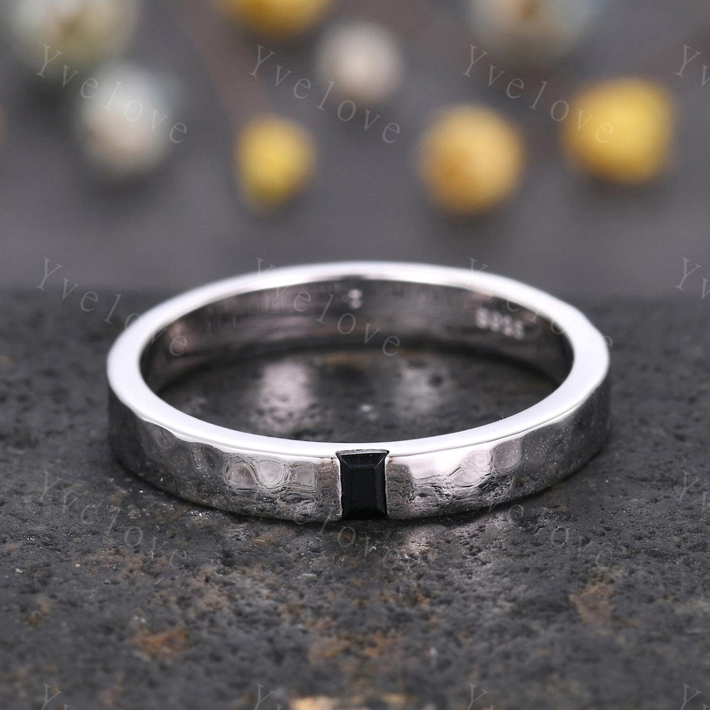 3mm Mens Baguette Black Onyx Wedding Band Natural Onyx Band Solid Gold Ring Men Hammered Stacking Matching Band Vintage Ring Bridegroom Gift