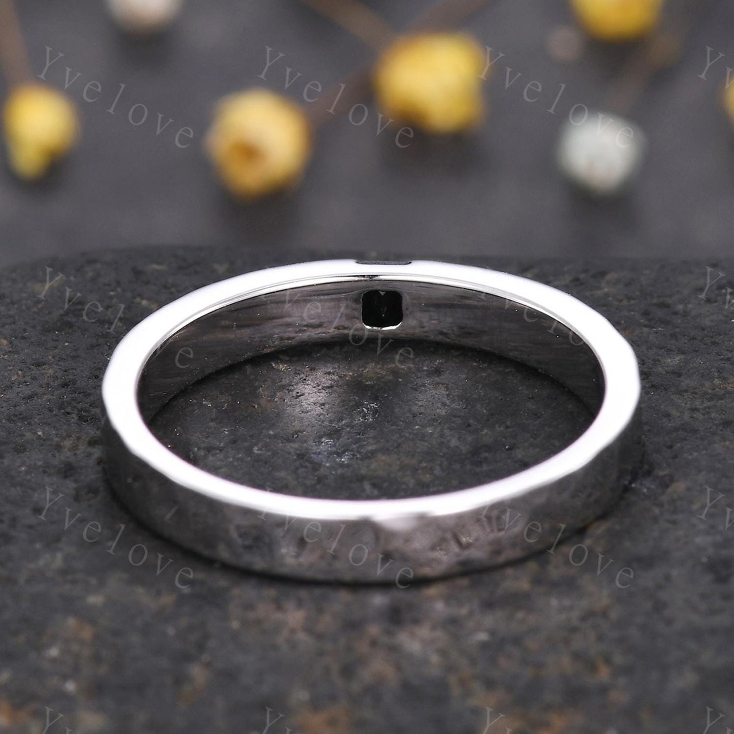 3mm Mens Baguette Black Onyx Wedding Band Natural Onyx Band Solid Gold Ring Men Hammered Stacking Matching Band Vintage Ring Bridegroom Gift